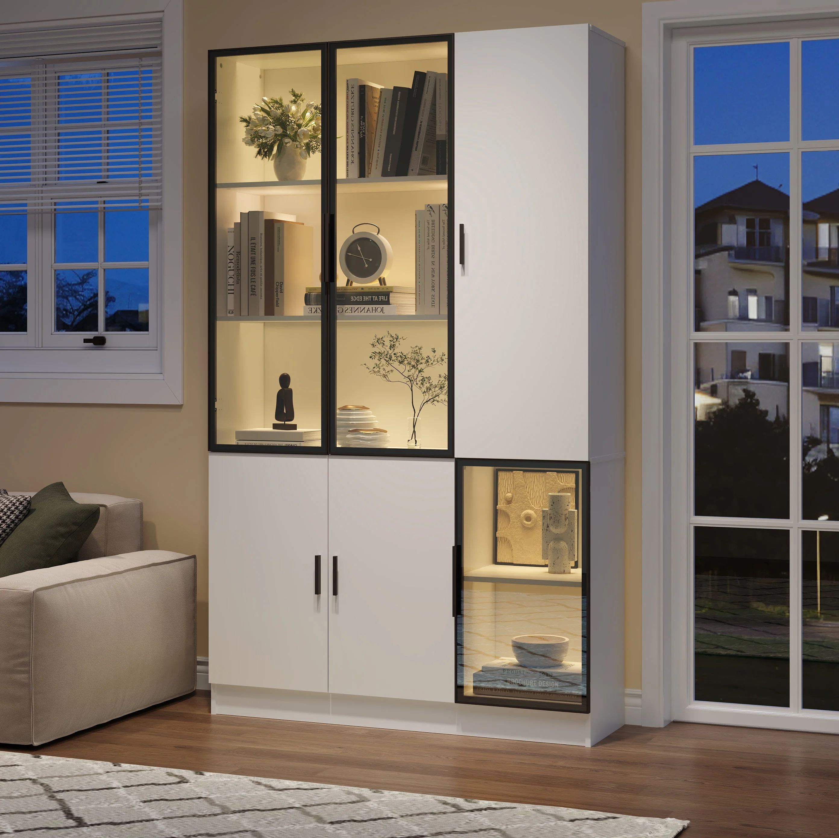 Glass Display Cabinet with LED Lights and 10 Storage Compartments, White and Glass - Image 4