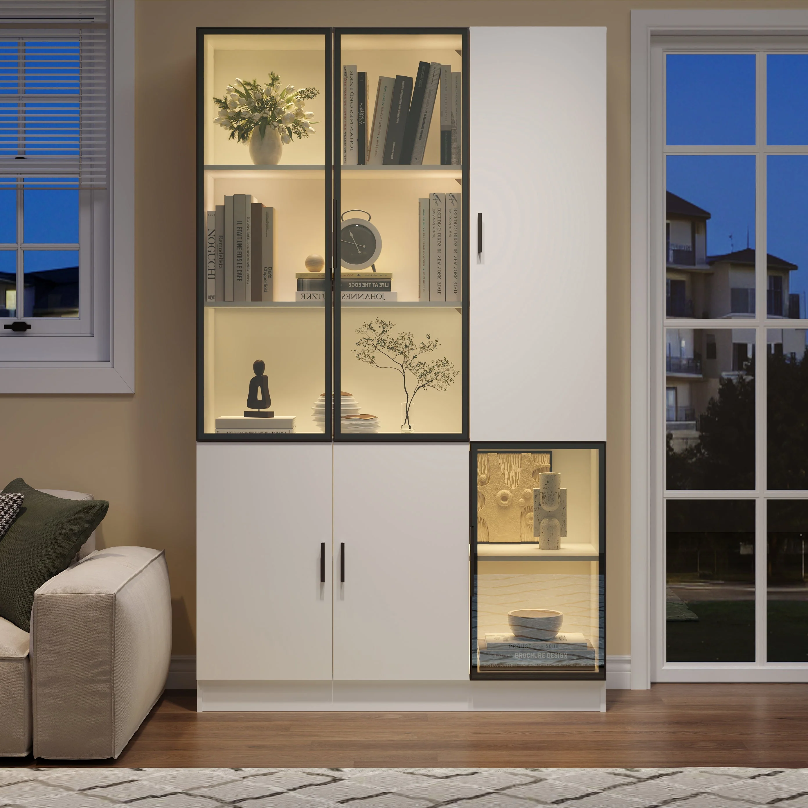 Glass Display Cabinet with LED Lights and 10 Storage Compartments, White and Glass - Image 5