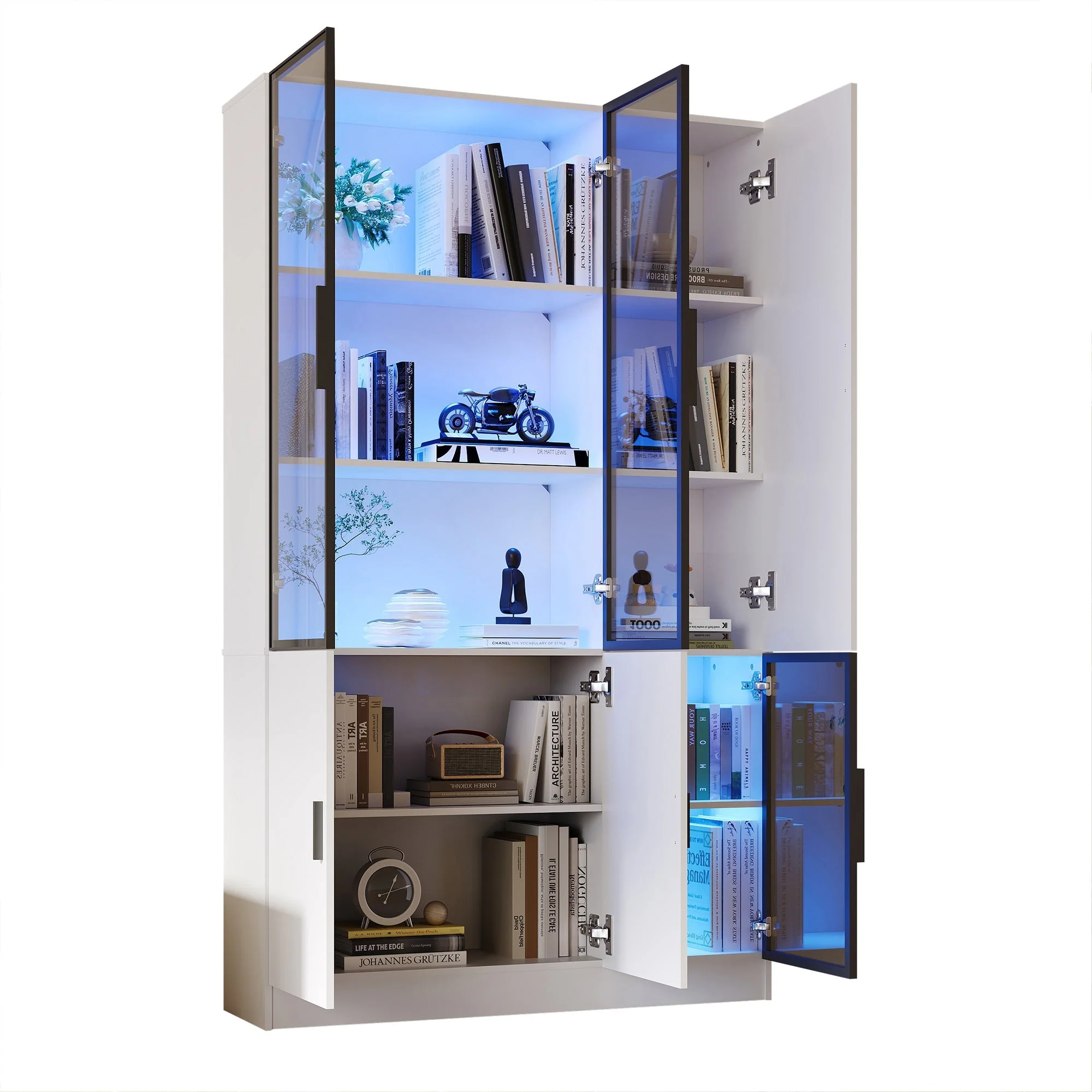 Glass Display Cabinet with LED Lights and 10 Storage Compartments, White and Glass - Image 9
