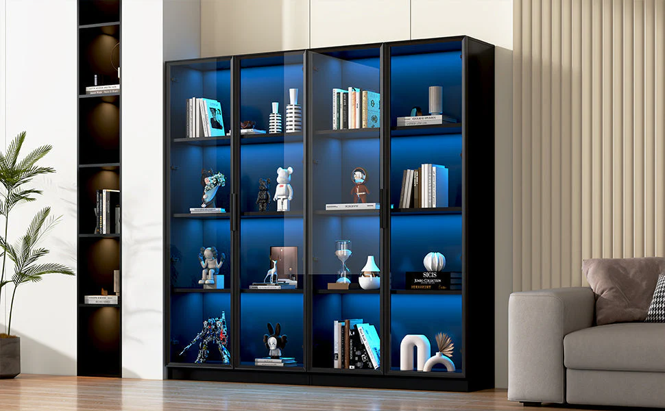 Glass Display Case, App-Controlled LED Lighting 4-Door Storage Cabinet, Freestanding - Image 7