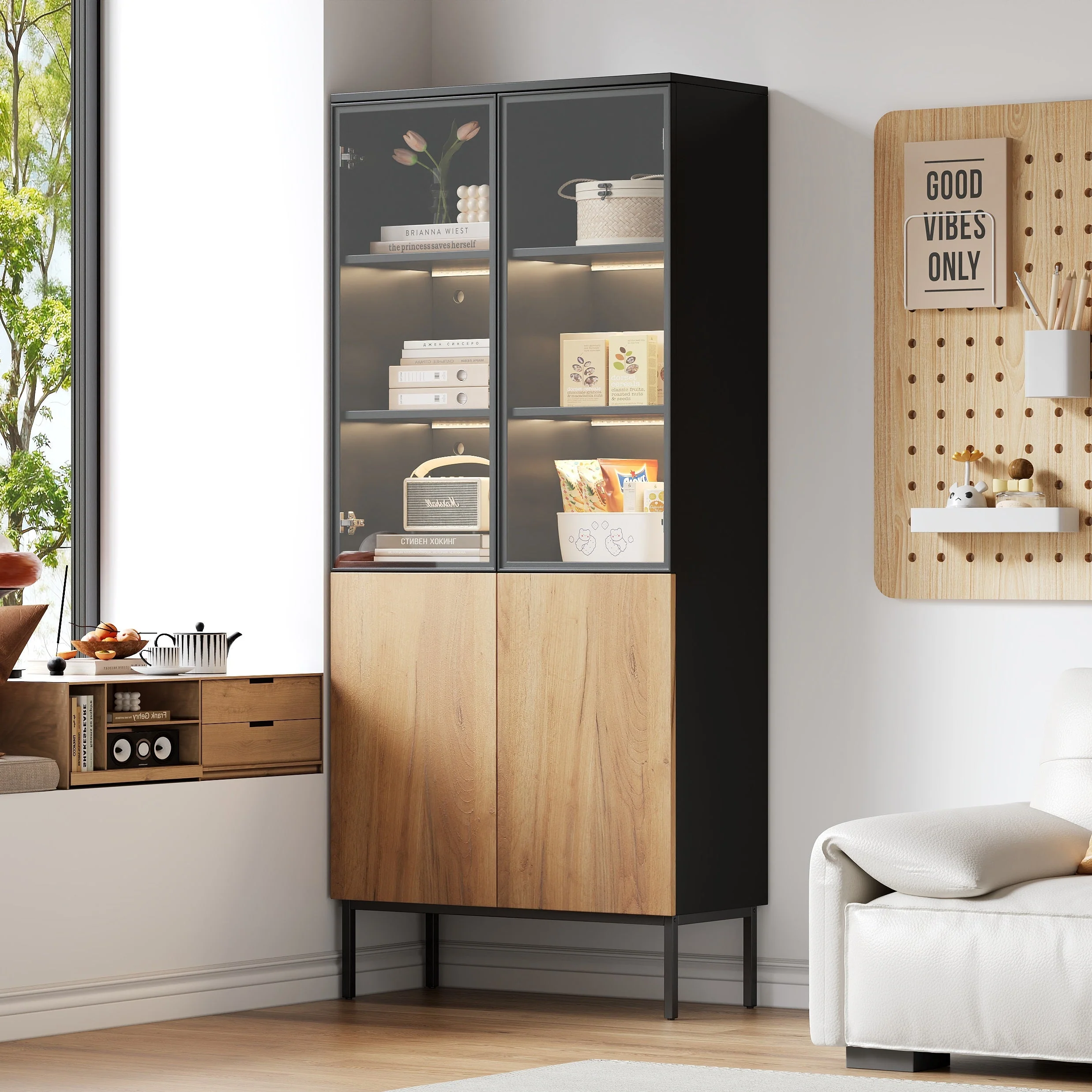 Glass-fronted Display Cabinet 180cm 5-Tier LED Bookcase Black/Oak - Image 4