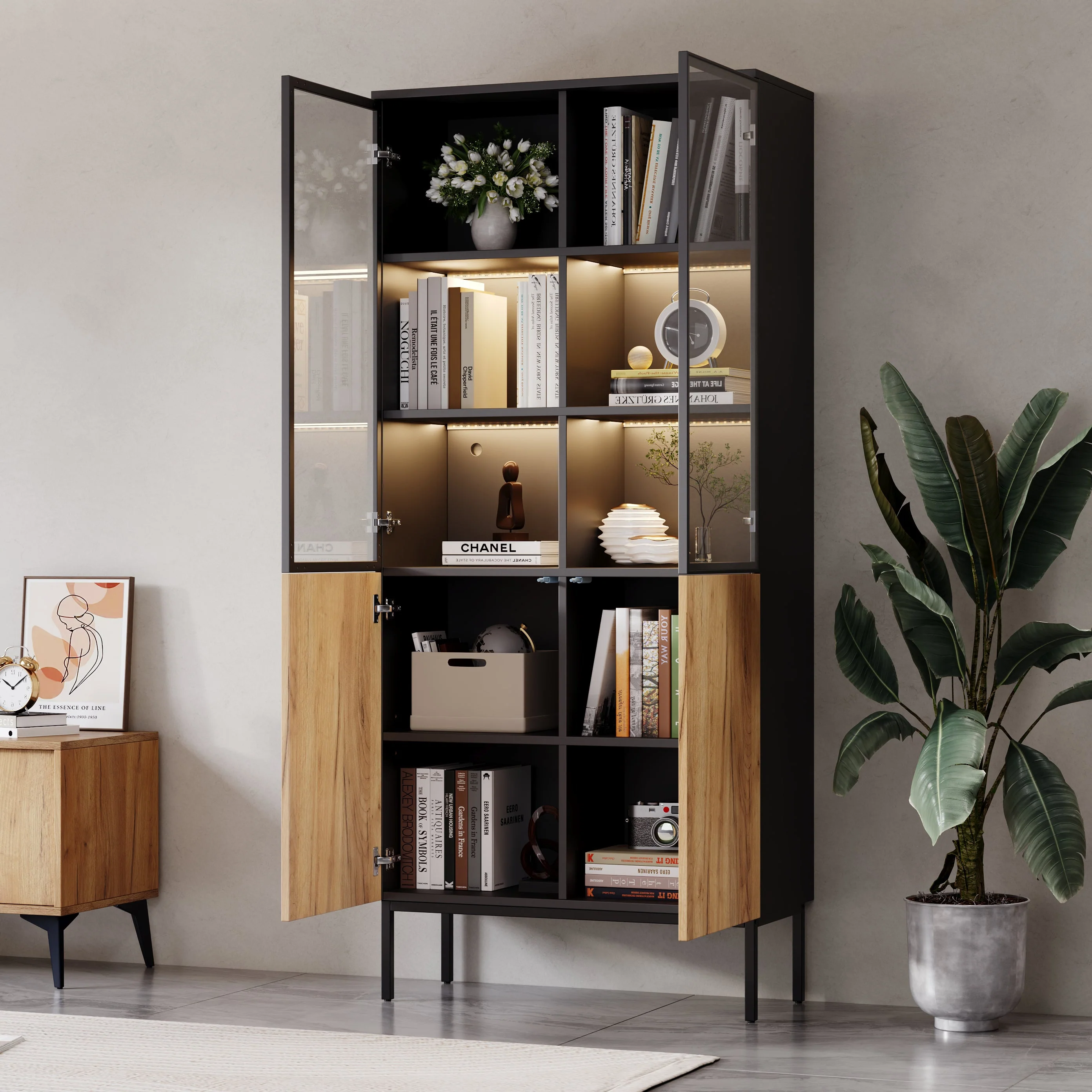 Glass-fronted Display Cabinet 180cm 5-Tier LED Bookcase Black/Oak - Image 7