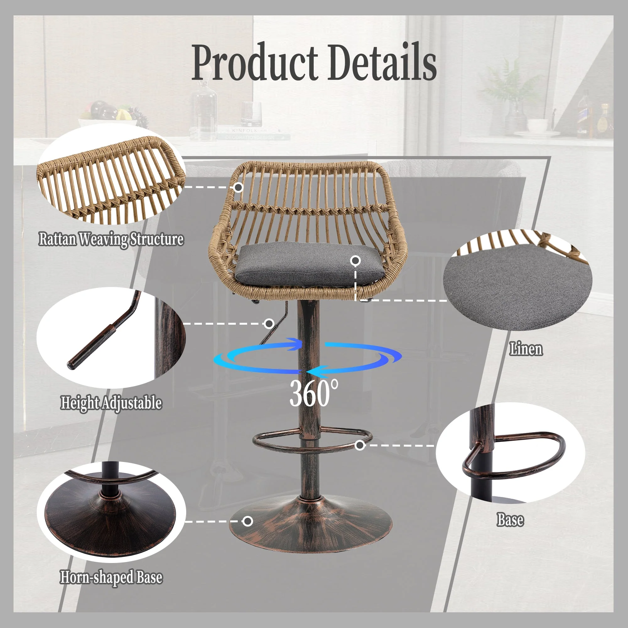 GOMYWAY 2 PCS Modern Swivel Bar Stools, Height Adjustable, Linen Gray - Image 3