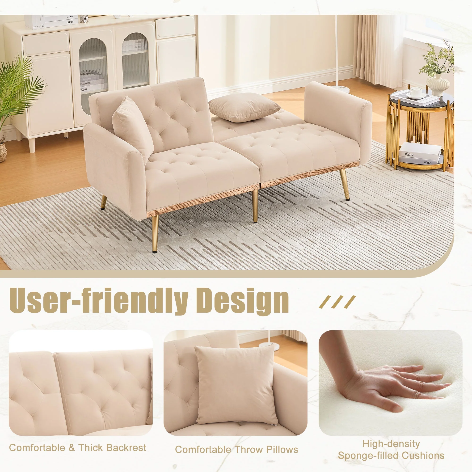GOMYWAY 2-Seater Sofa 3-Speed Adjustable Backrest Gold Metal Legs Velvet - Image 4