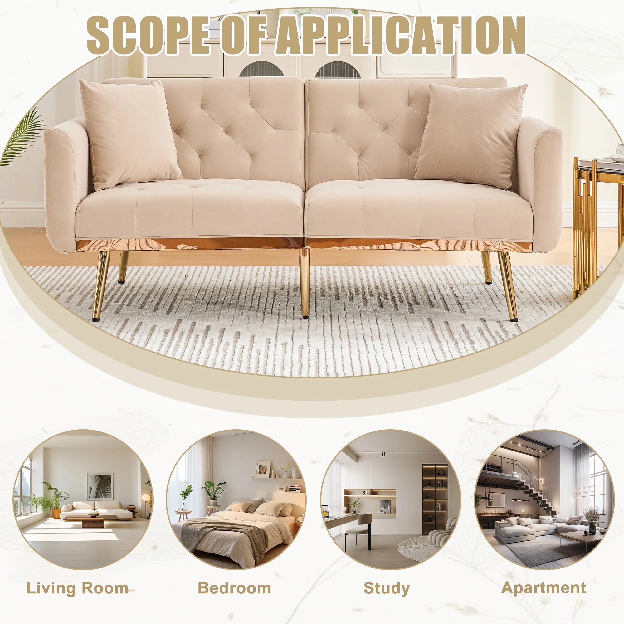 GOMYWAY 2-Seater Sofa 3-Speed Adjustable Backrest Gold Metal Legs Velvet - Image 6