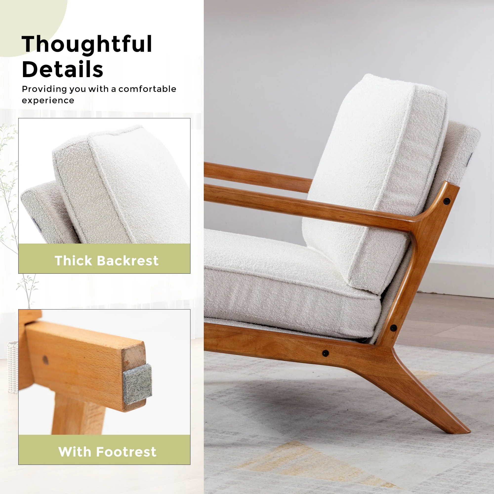 GOMYWAY Accent Chair Mid-Century Modern Armchair, Beige Solid Wood Frame - Image 3