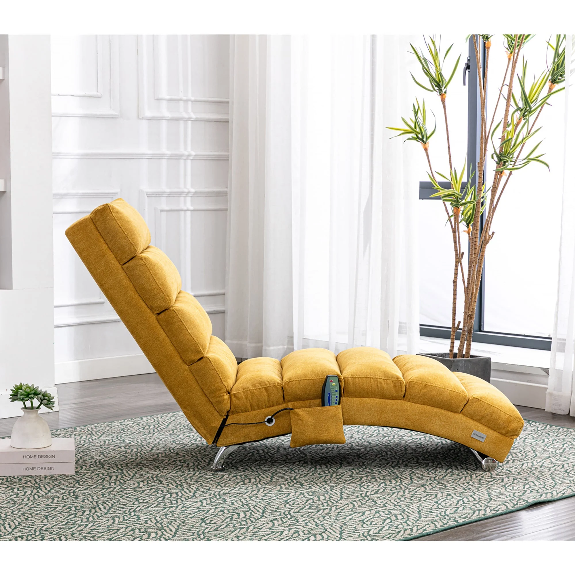 GOMYWAY Chaise Lounge Fixed Recliner Sofa with Vibration and Side Pocket, Linen - Image 10