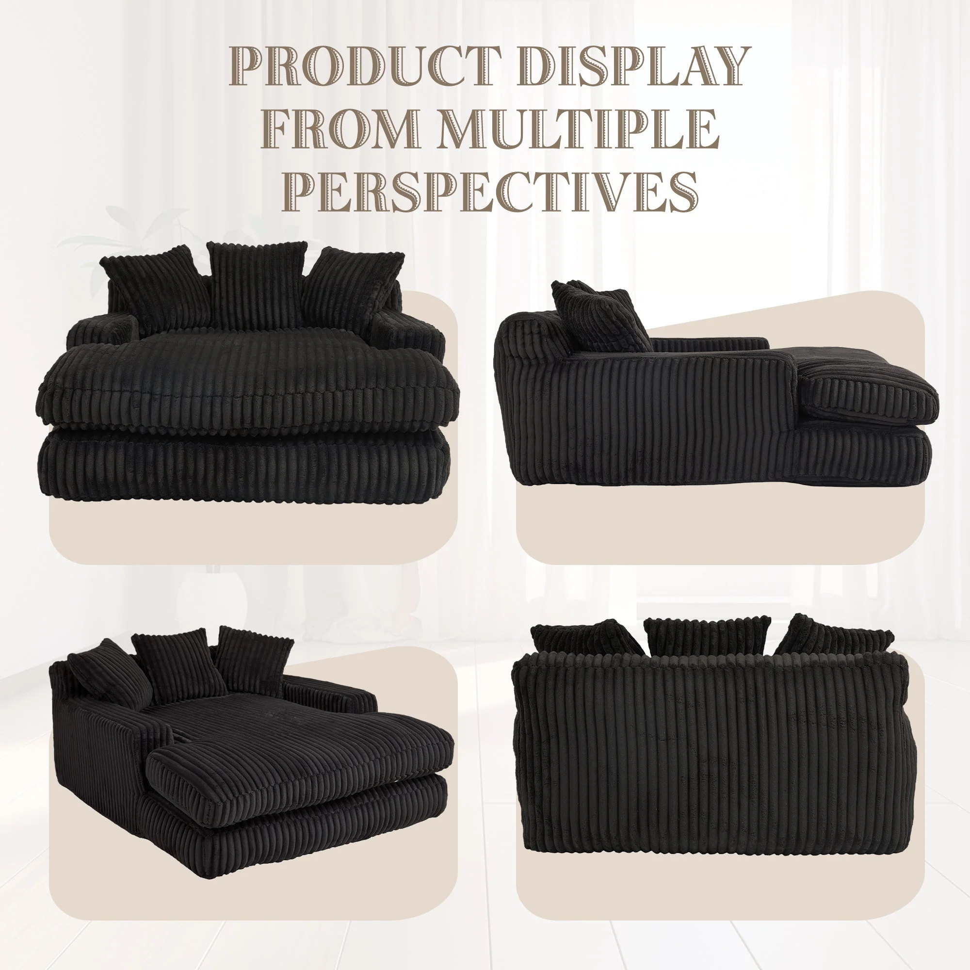 GOMYWAY Chaise Lounge Sofa Sleeper Chair with 3 Throw Pillows, Black Corduroy - Image 2