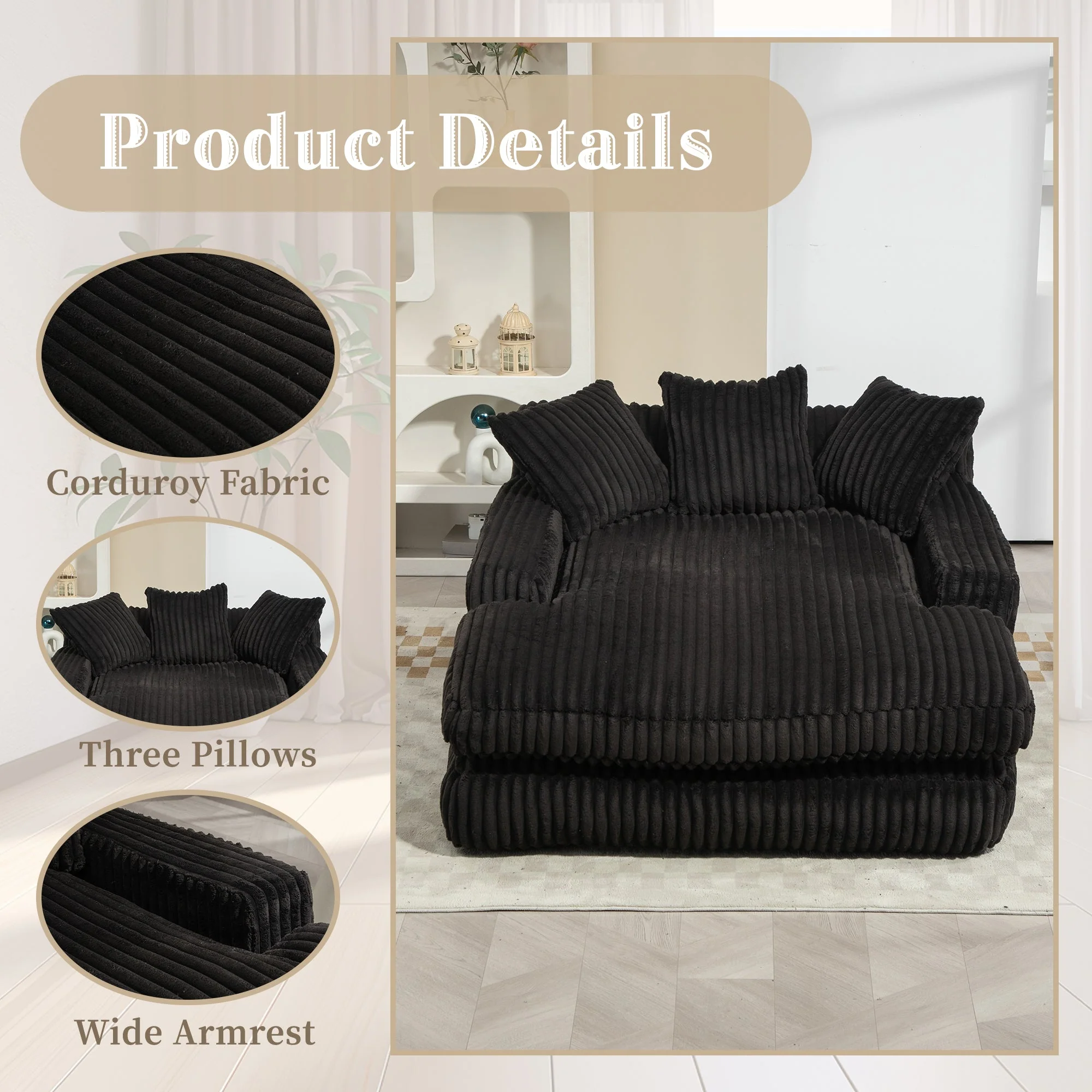 GOMYWAY Chaise Lounge Sofa Sleeper Chair with 3 Throw Pillows, Black Corduroy - Image 5