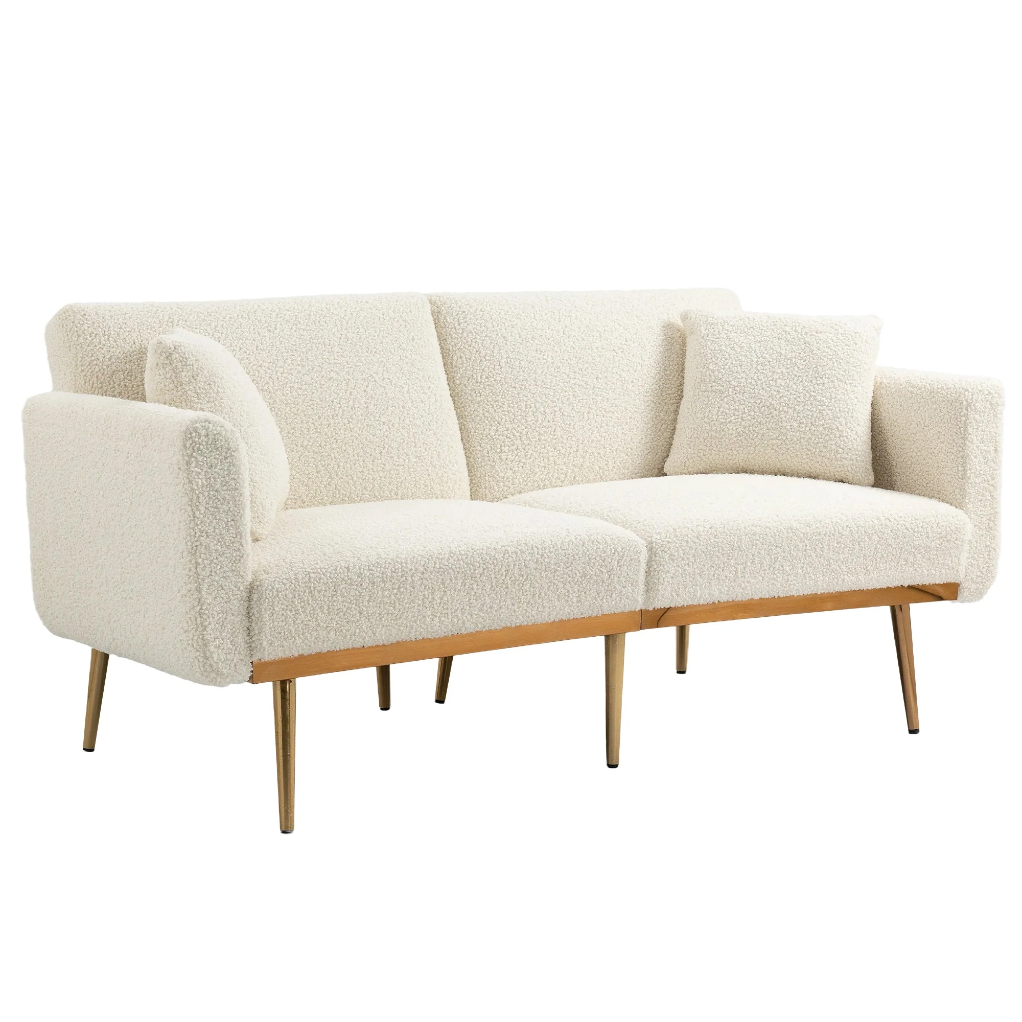 GOMYWAY Modern 2-Seater Sofa 3-Speed Adjustable Backrest Gold Metal Legs White Teddy - Image 8