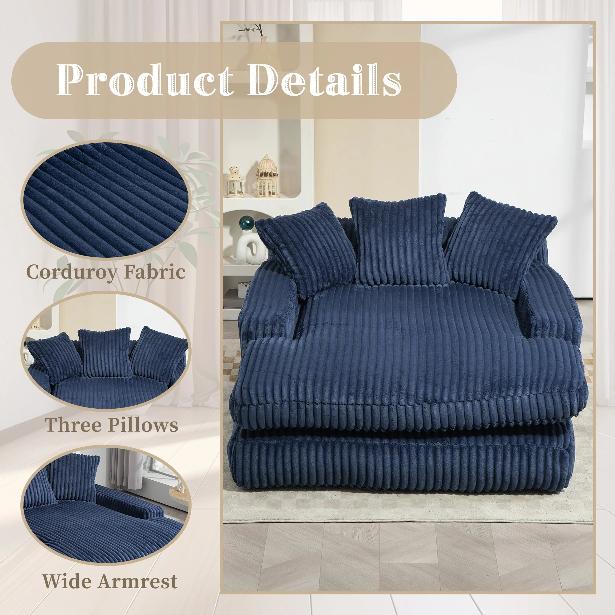 GOMYWAY Oversized Chaise Lounge Sofa Sleeper Chair with 3 Throw Pillows, Navy - Image 5