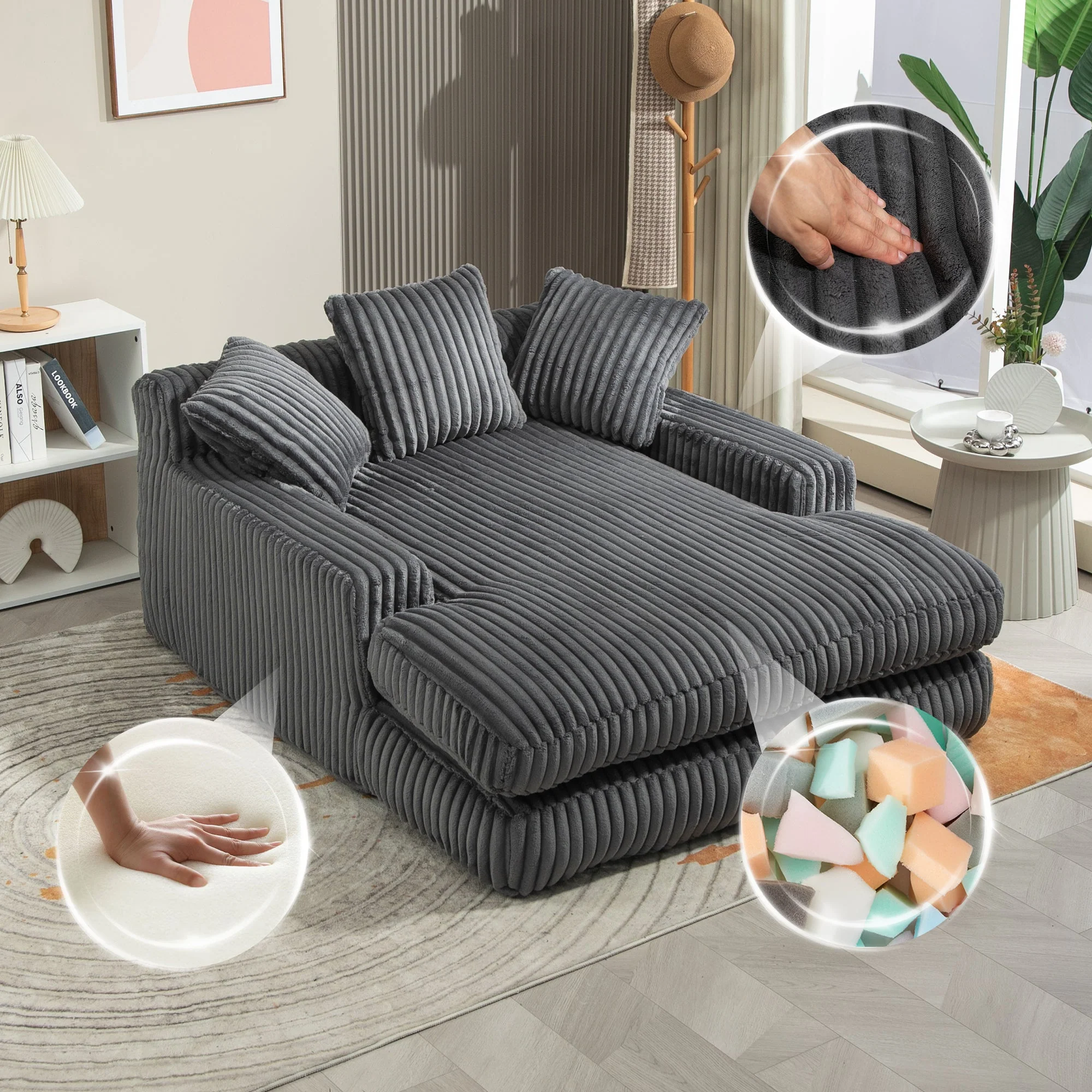GOMYWAY Oversized Chaise Lounge Sofa Sleeper Chair with Throw Pillows, Dark Gray