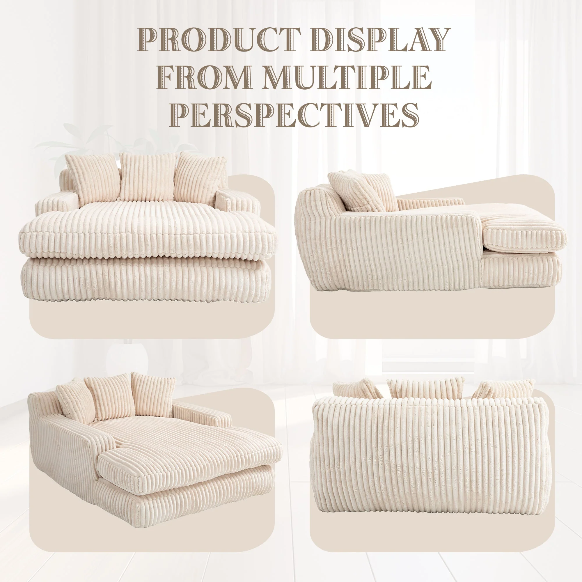 GOMYWAY Oversized Chaise Lounge Sofa Upholstered with 3 Throw Pillows, Beige - Image 2