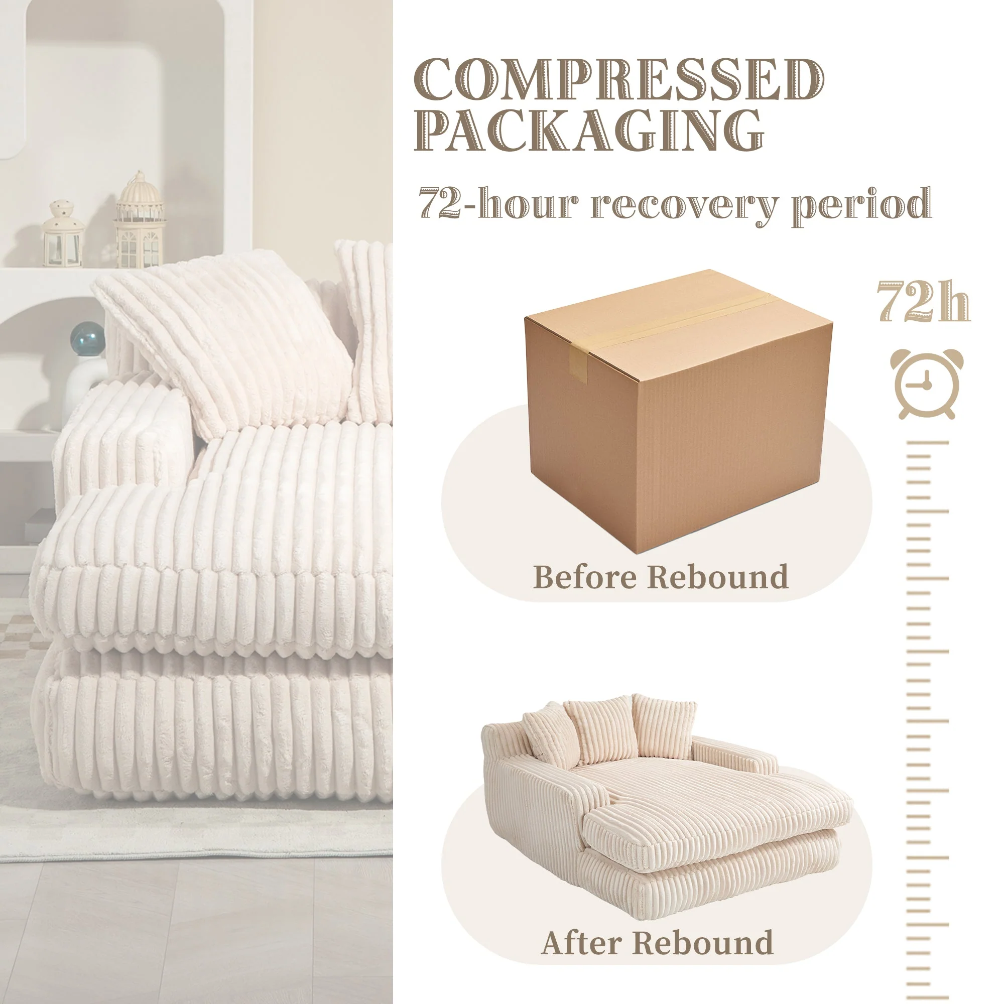 GOMYWAY Oversized Chaise Lounge Sofa Upholstered with 3 Throw Pillows, Beige - Image 6