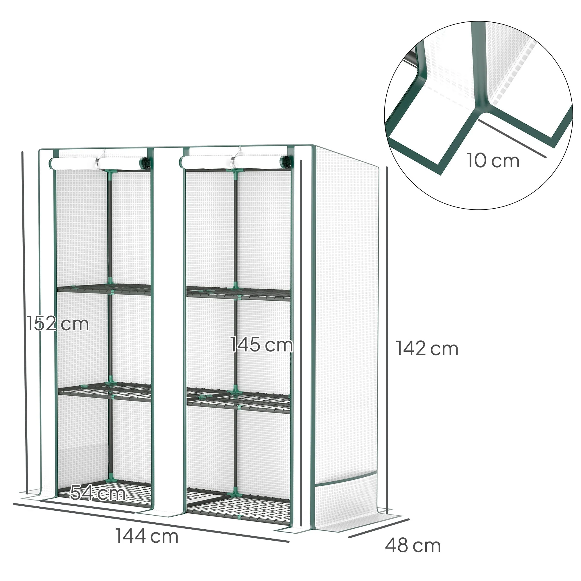 Greenhouse Pent Roof Double Doors Shelves Winterproof 144x48x152cm Foil Steel, White - Image 3
