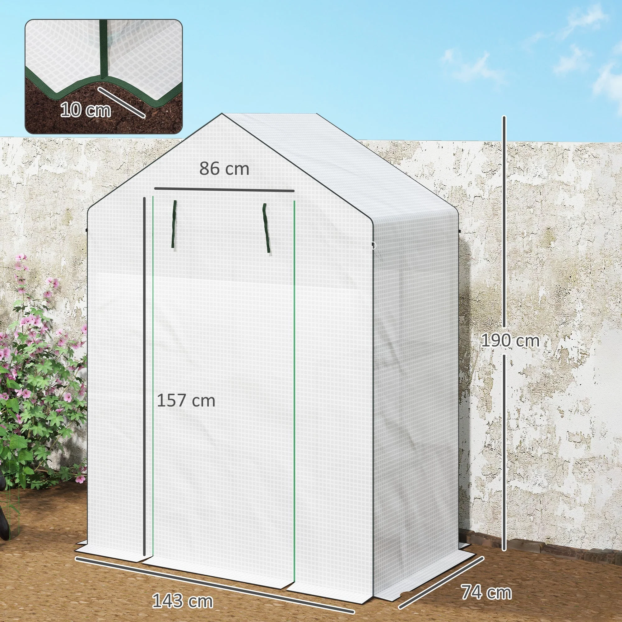 Greenhouse, Roll-Up Door, Window, Shelves, 143x74x190cm, White - Image 3