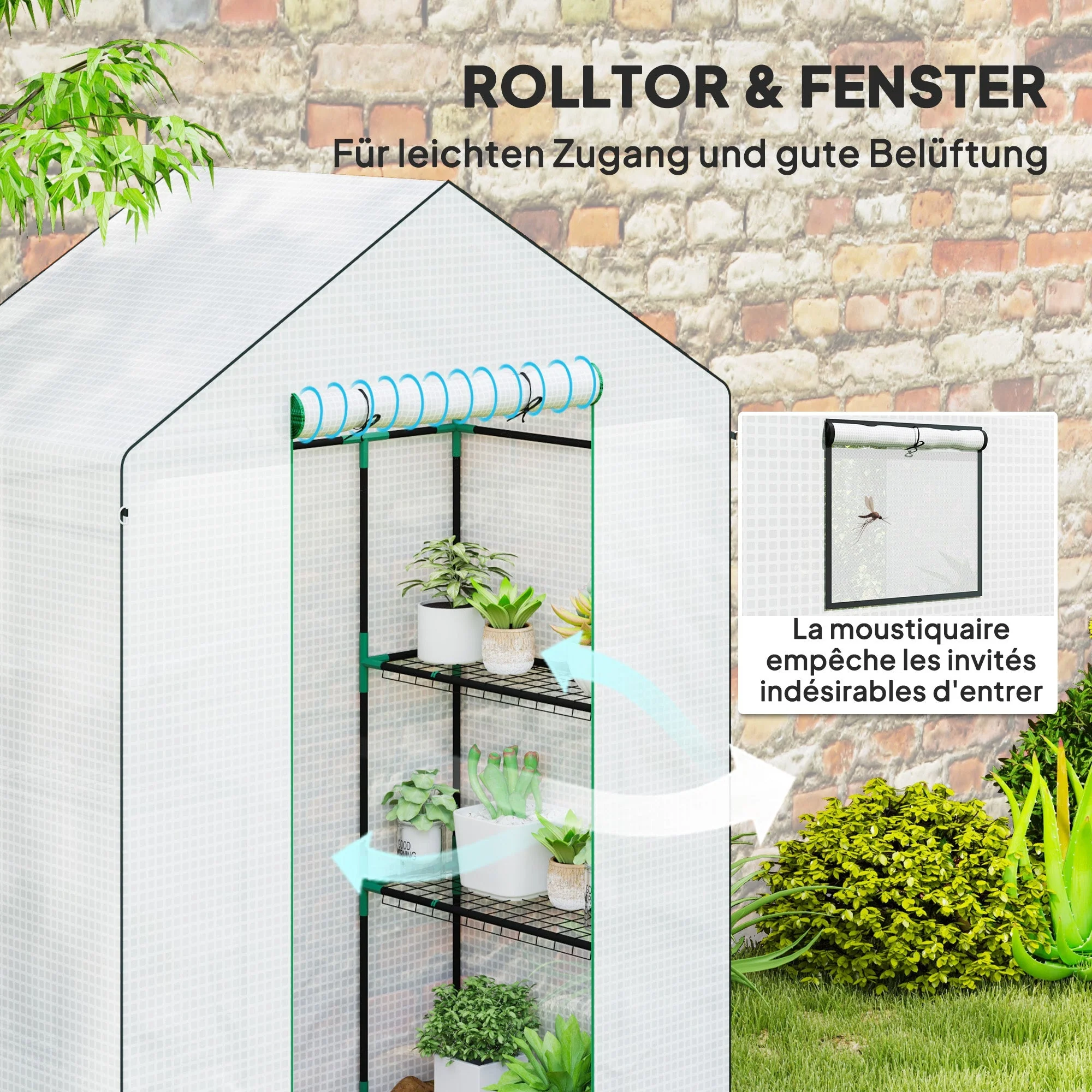 Greenhouse, Roll-Up Door, Window, Shelves, 143x74x190cm, White - Image 6
