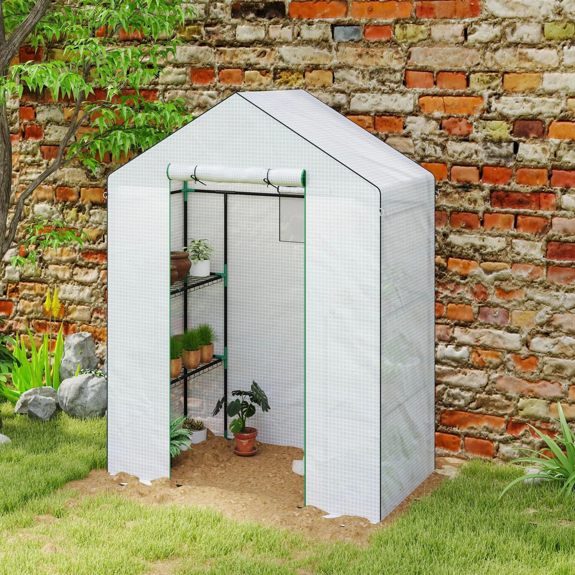 Greenhouse, Roll-Up Door, Window, Shelves, 143x74x190cm, White - Image 7