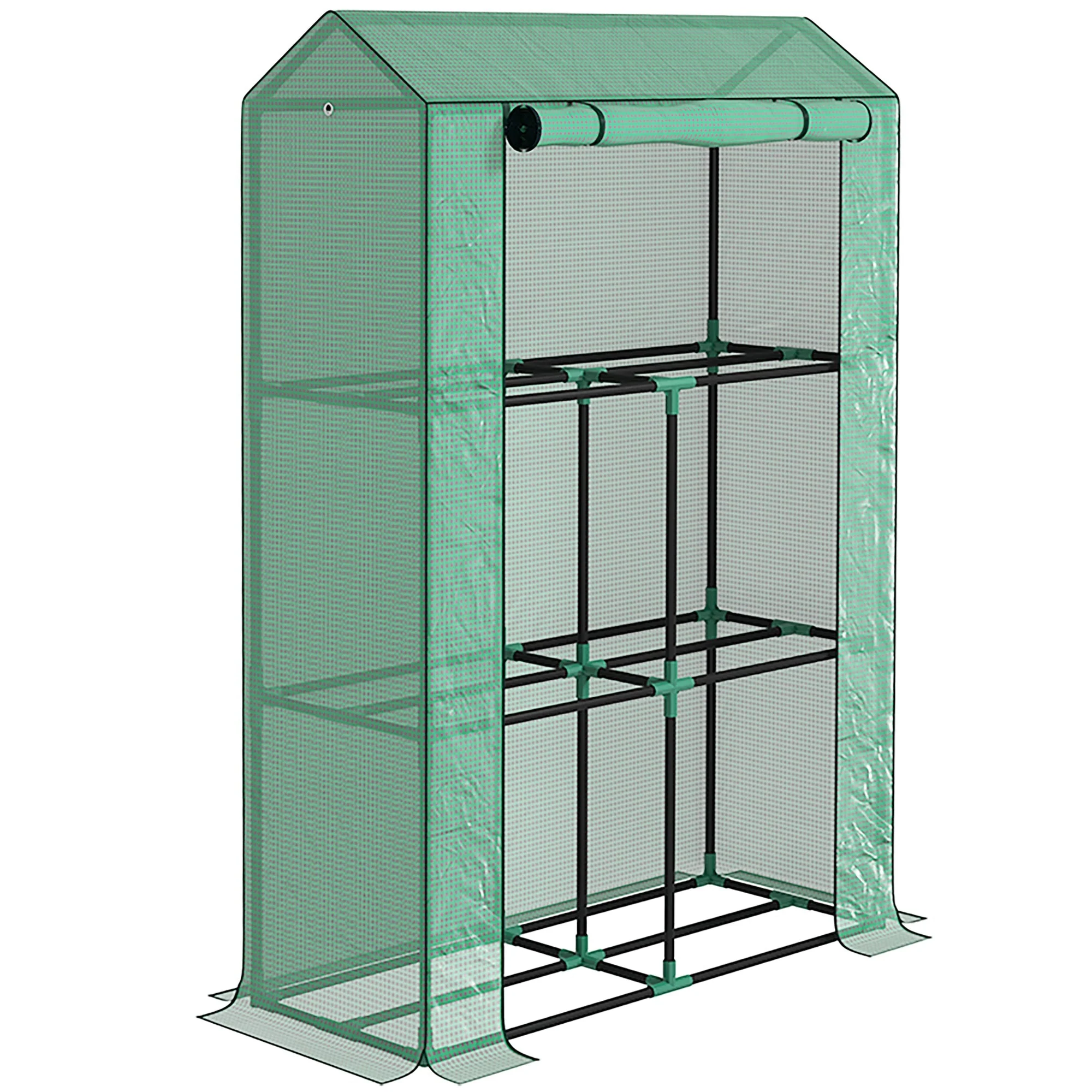 Greenhouse with shelves and roller door, winter-proof film, steel, green - Image 2