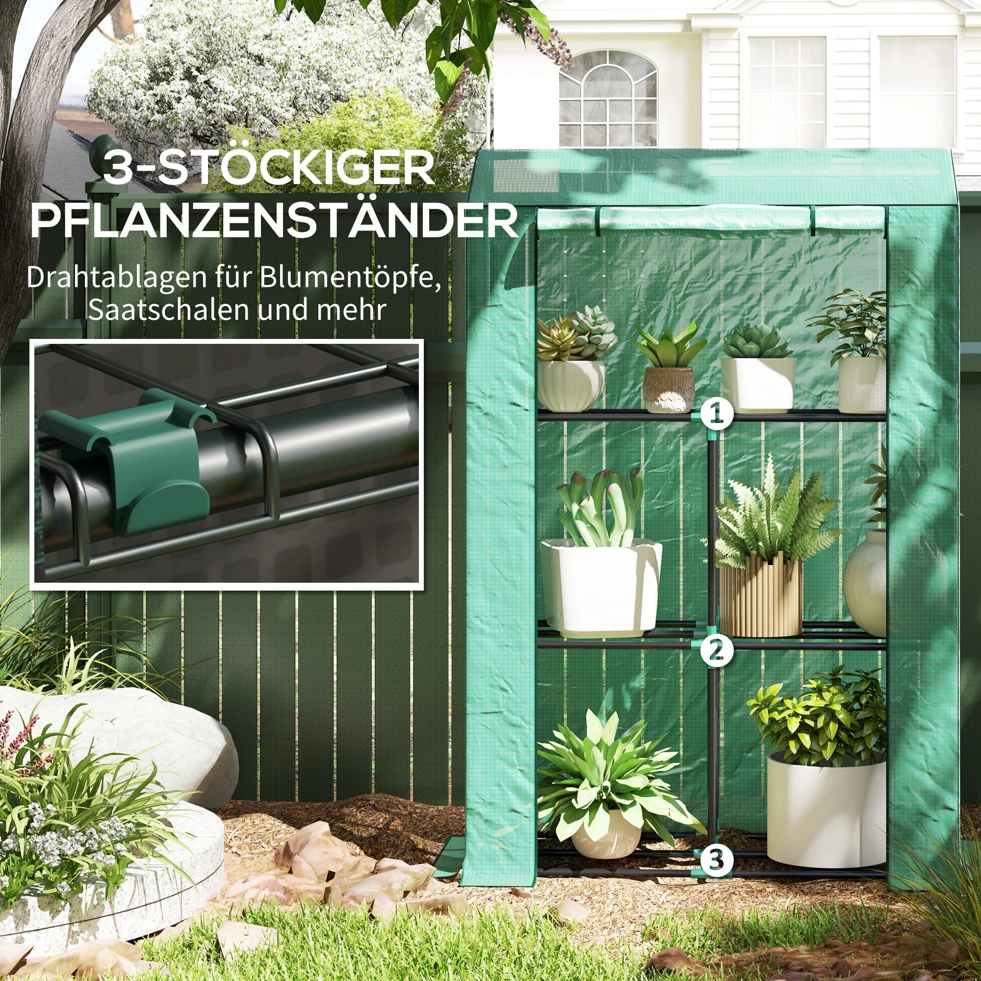 Greenhouse with shelves and roller door, winter-proof film, steel, green - Image 5
