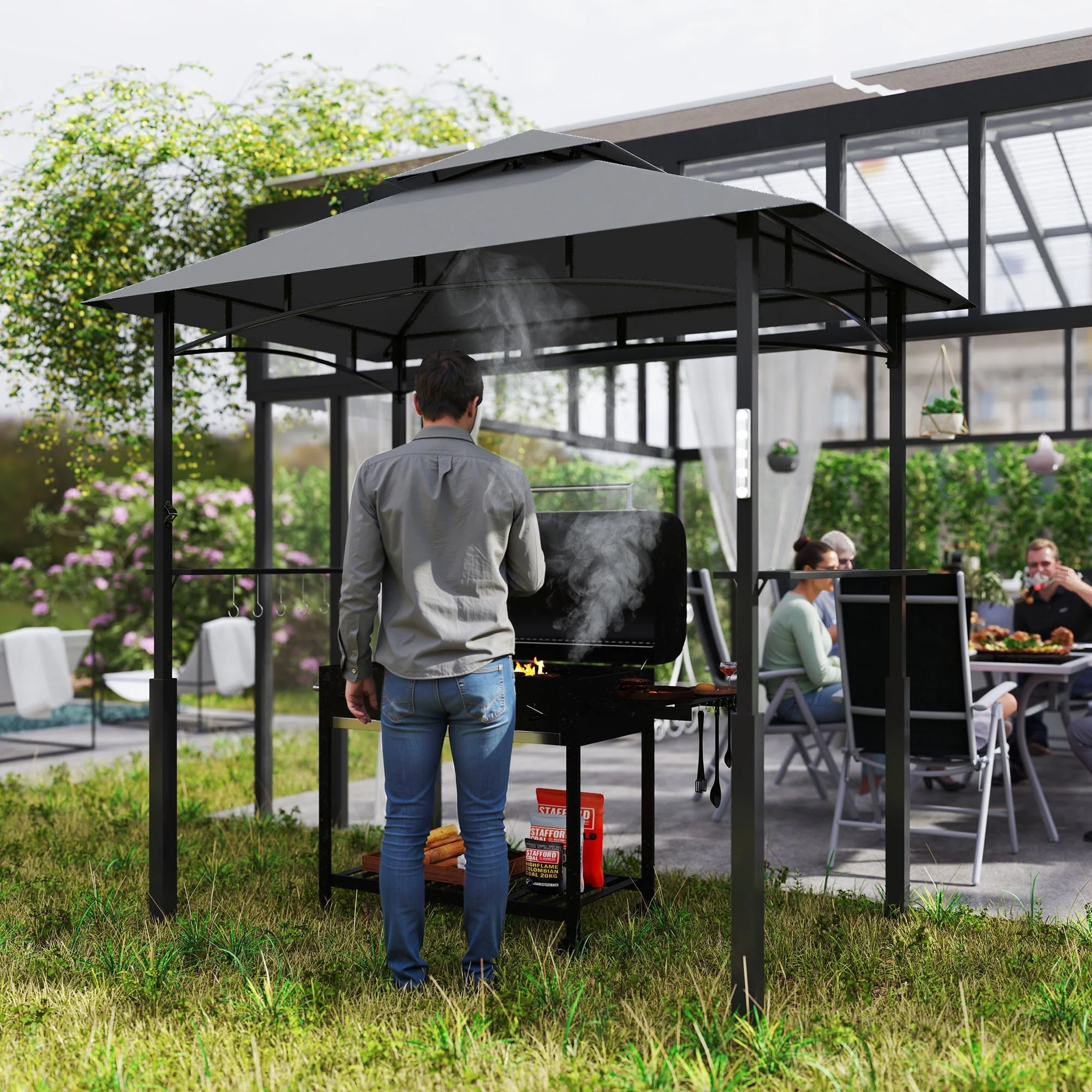 Grill Gazebo LED Lighting, Double Roof, Side Shelves, Waterproof Metal Grey - Image 8