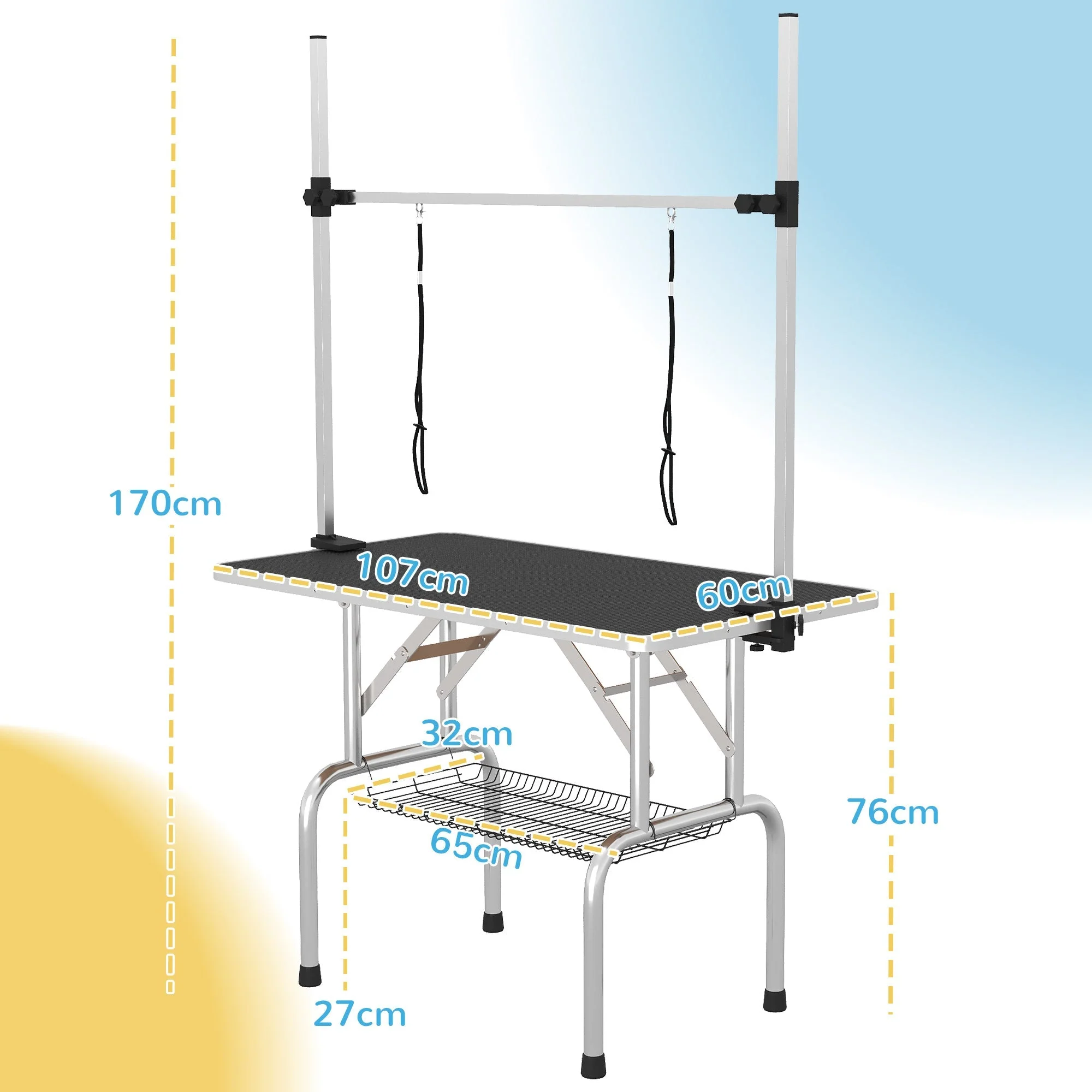 Grooming Table, Height Adjustable Foldable with Basket, Black - Image 3