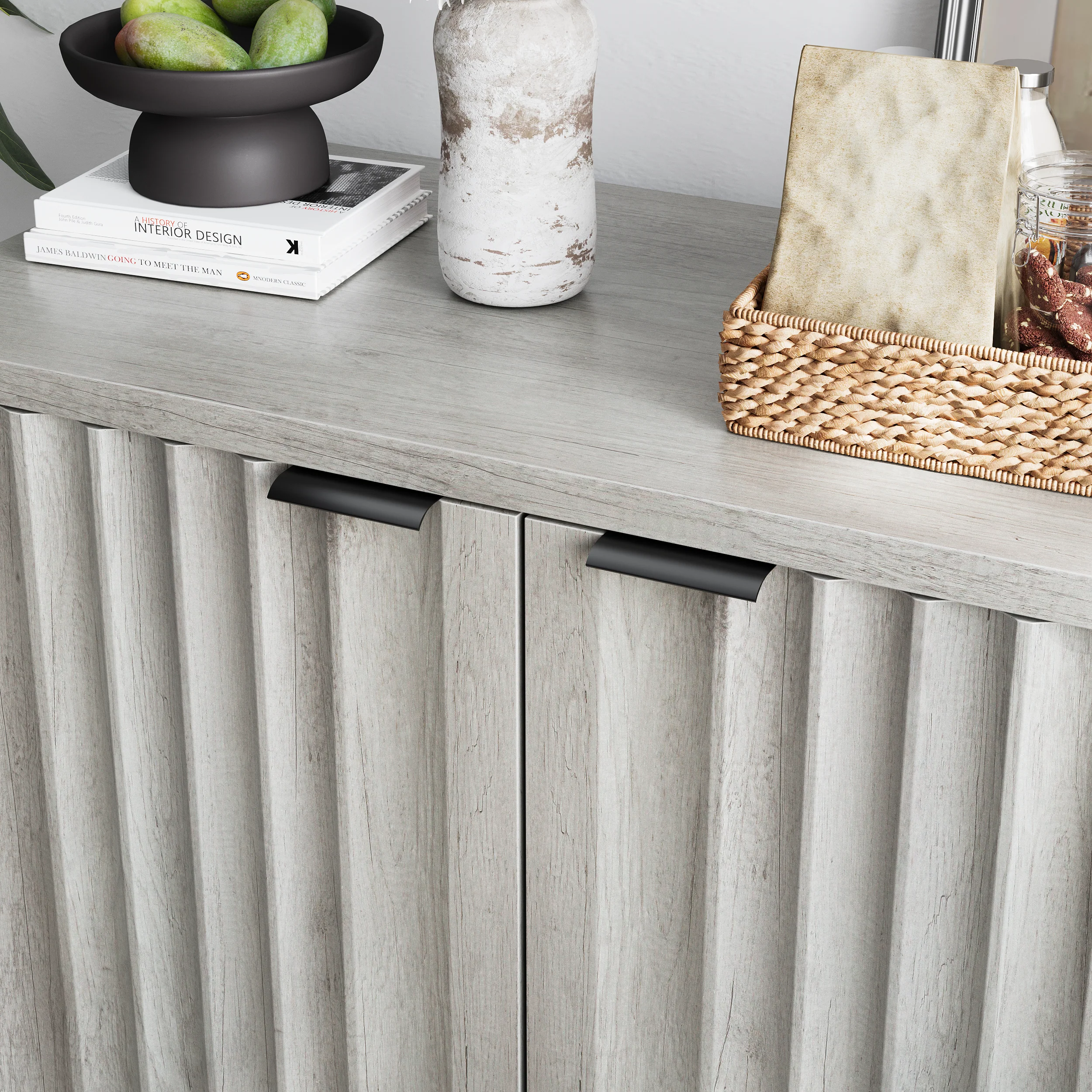 Grooved Edge Cabinet, Independent Wash Buffet with Adjustable Shelves, Wooden, Gray - Image 11