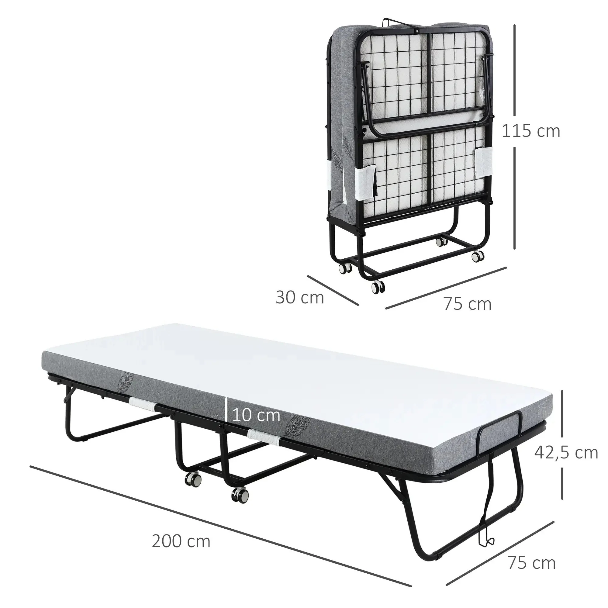 Guest Bed Folding Bed with Wheels, Steel and Foam, 200x75x42.5cm - White/Black - Image 3