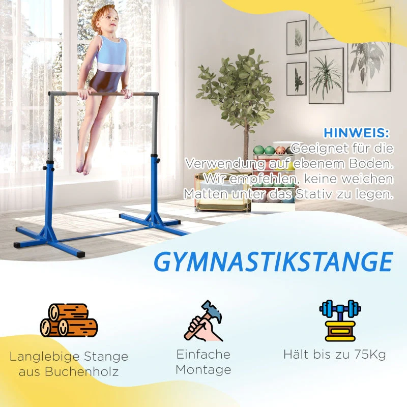 Gymnastics Bar with 13-Level Height Adjustment and Wooden Steel Construction, Blue - Image 5