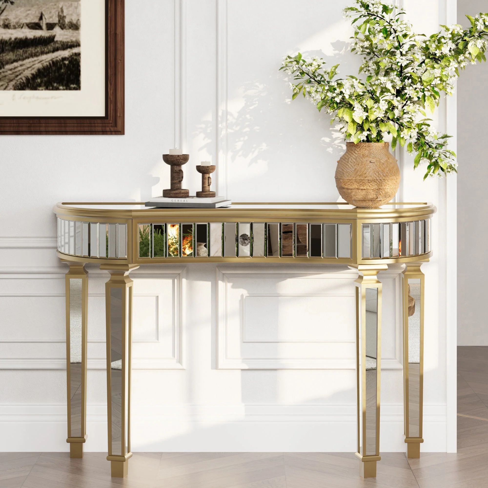 Half-Moon Console Table 120cm Mirrored Fluted Glass Drawer - Gold/Silver - Image 3