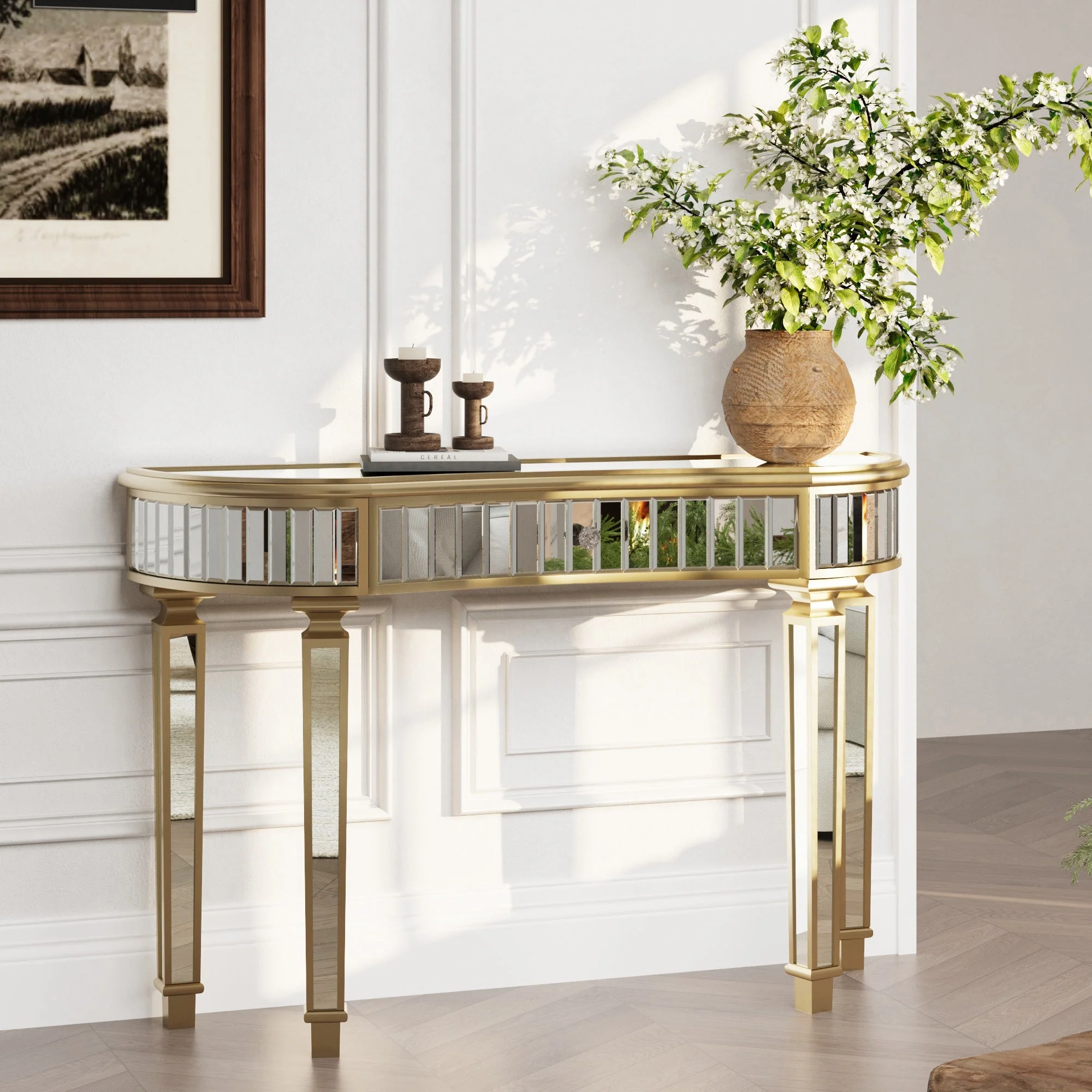Half-Moon Console Table 120cm Mirrored Fluted Glass Drawer - Gold/Silver - Image 4