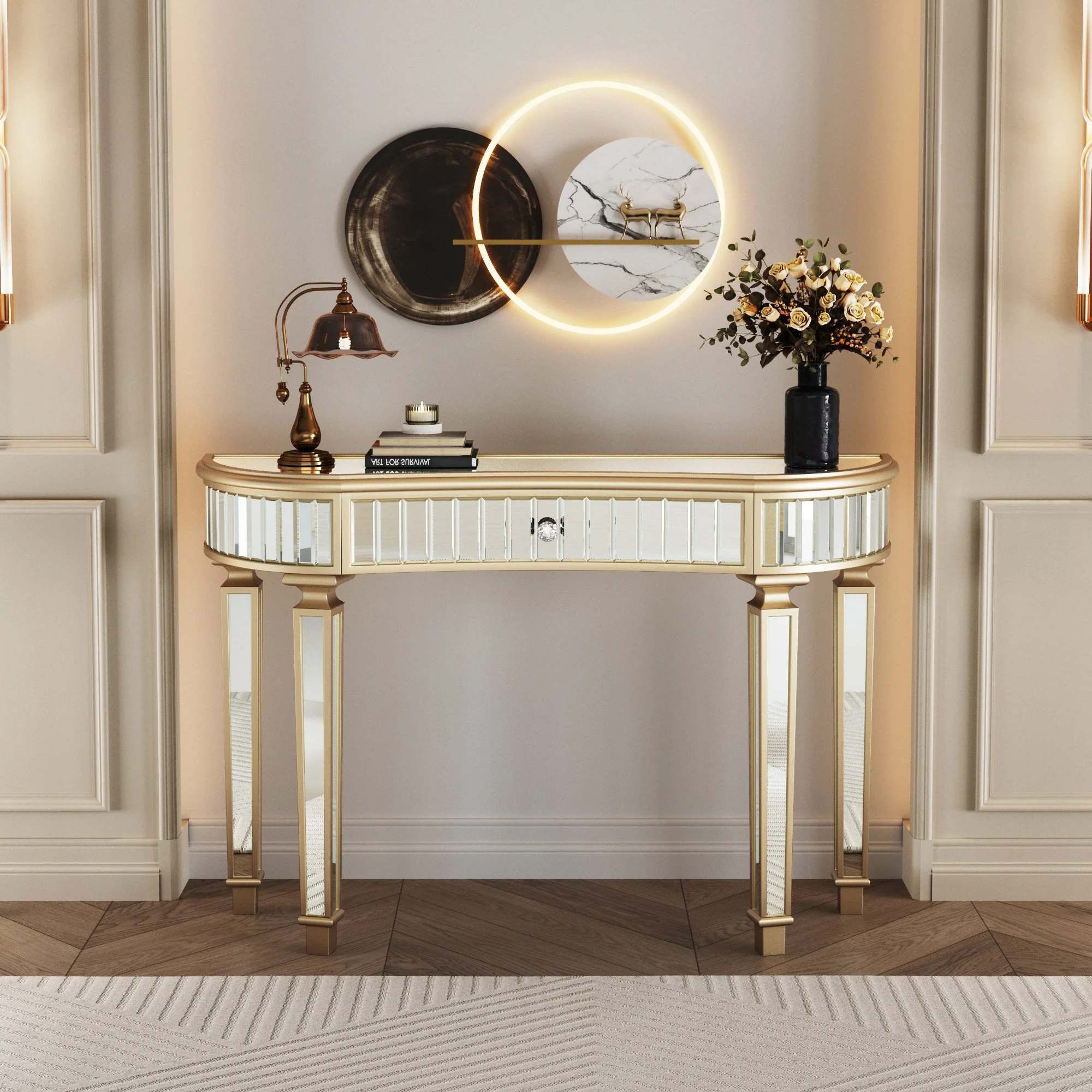 Half-Moon Console Table 120cm Mirrored Fluted Glass Drawer - Gold/Silver - Image 5