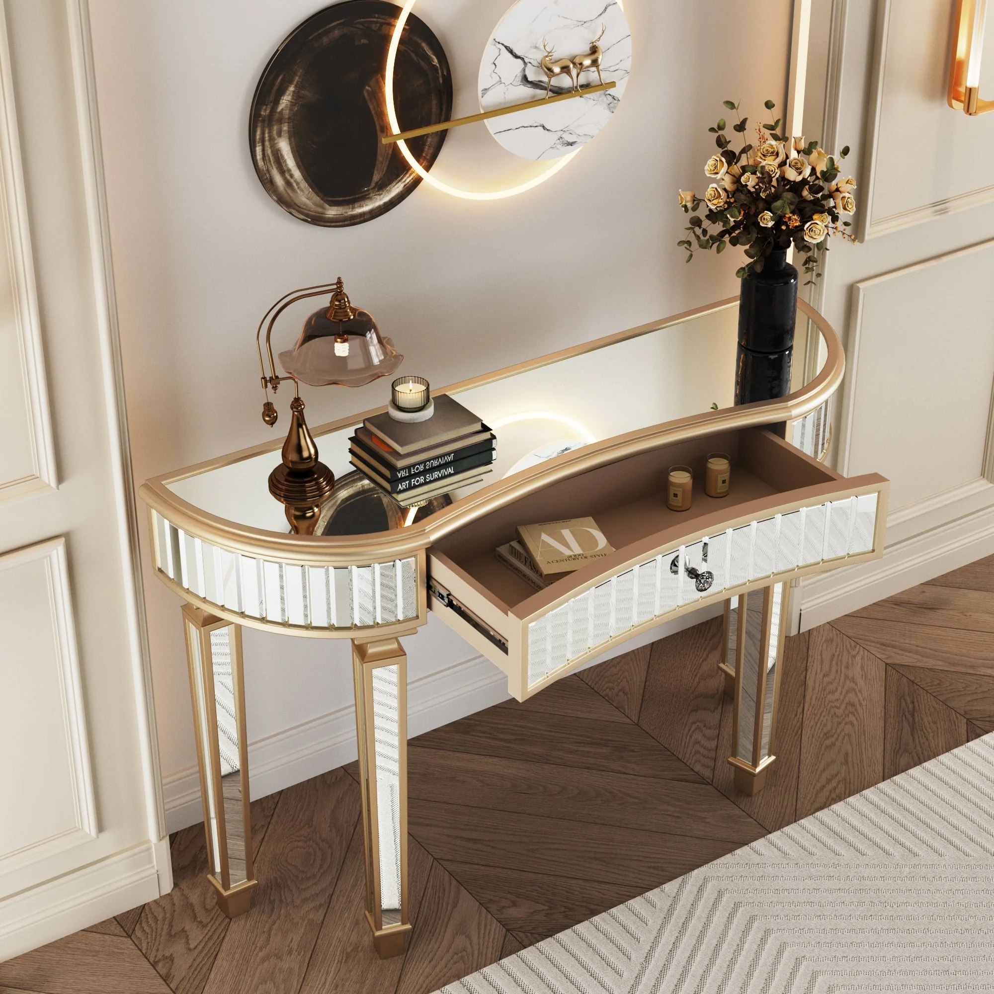 Half-Moon Console Table 120cm Mirrored Fluted Glass Drawer - Gold/Silver - Image 7