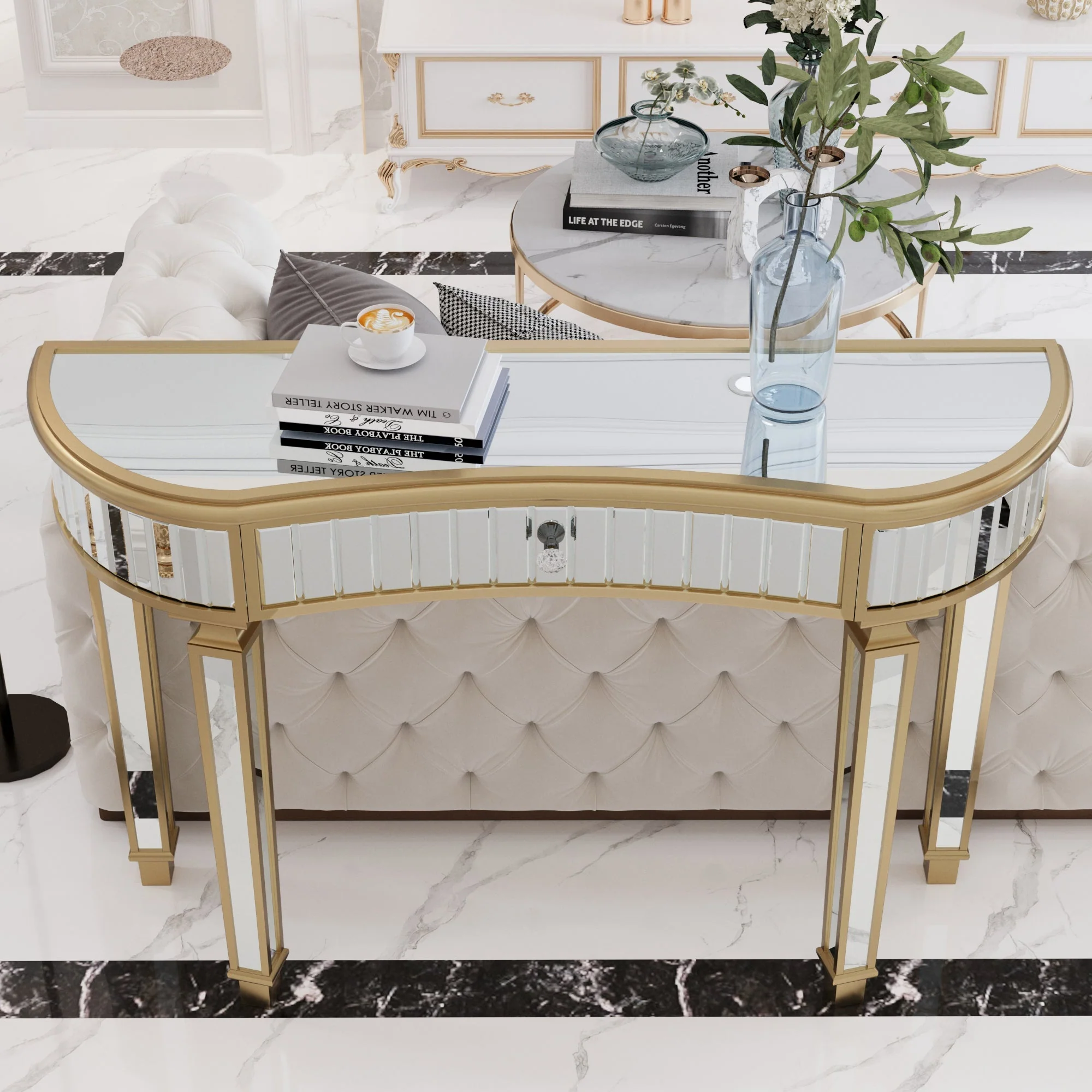Half-Moon Console Table 120cm Mirrored Fluted Glass Drawer - Gold/Silver - Image 9