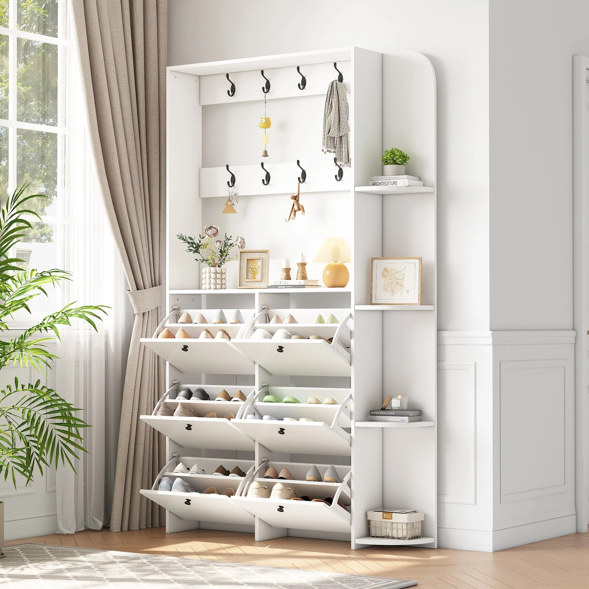Hallway Cabinet 3-in-1 Shoe Cabinet 8 Hooks 5 Shelves - White - Image 2