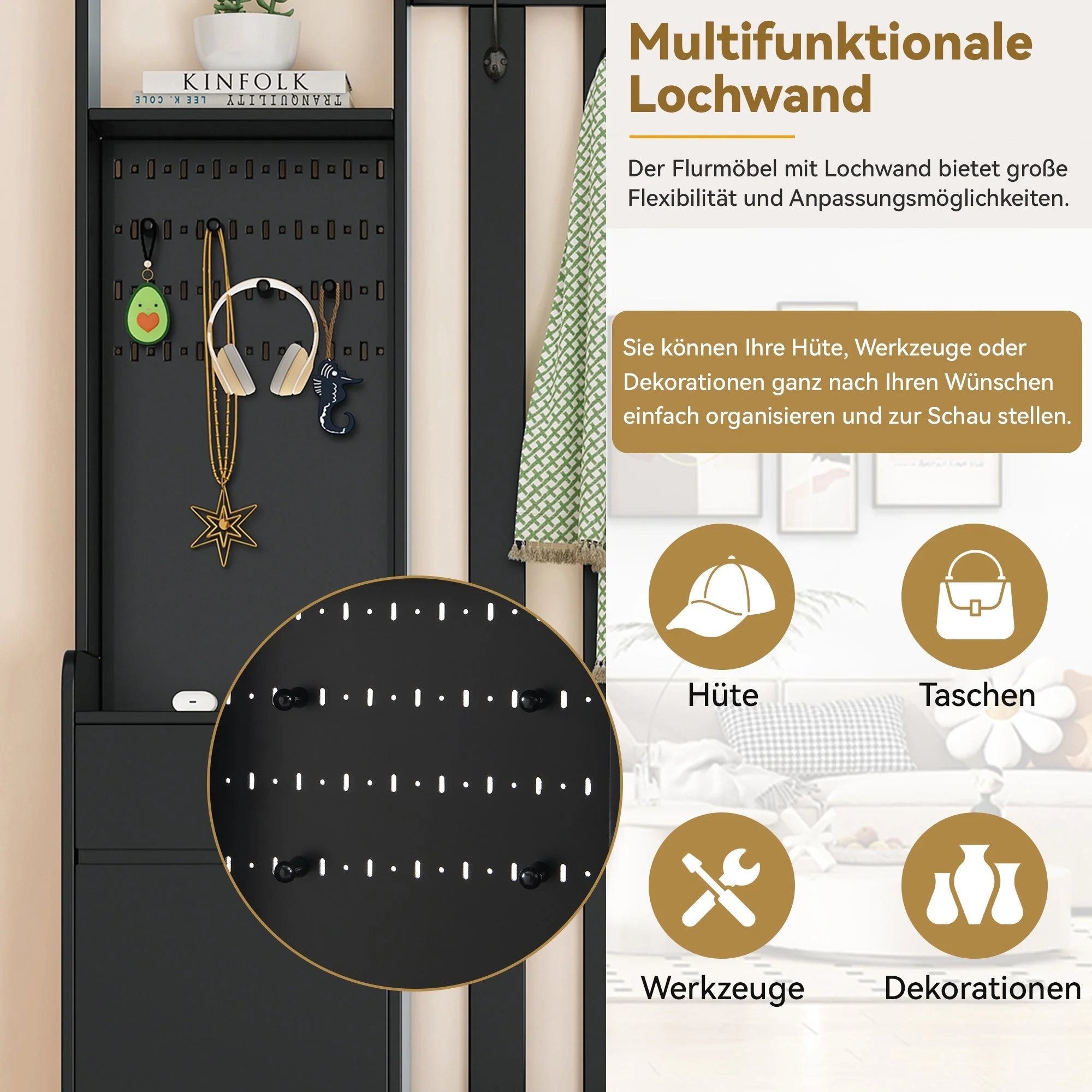 Hallway coat rack with padded storage bench and pegboard, 4 hooks, black - Image 10