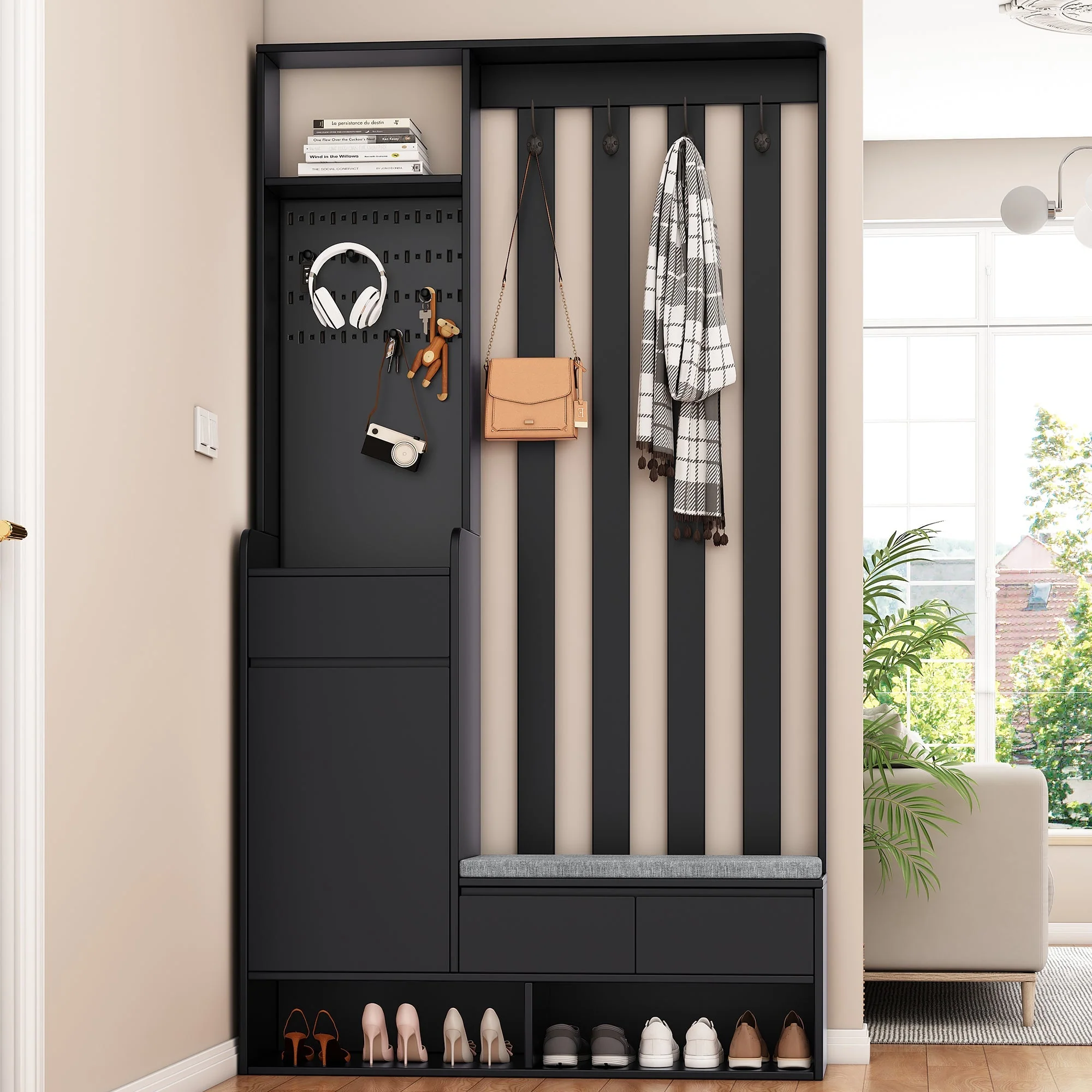 Hallway coat rack with padded storage bench and pegboard, 4 hooks, black - Image 2