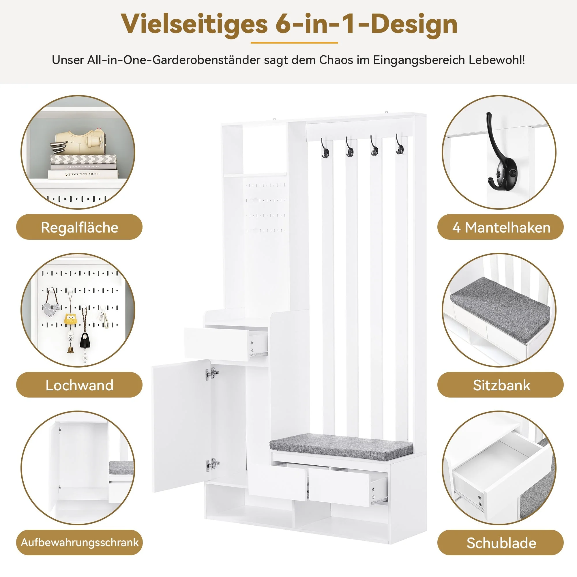 Hallway coat rack with padded storage bench and pegboard, with 4 hooks, white - Image 10