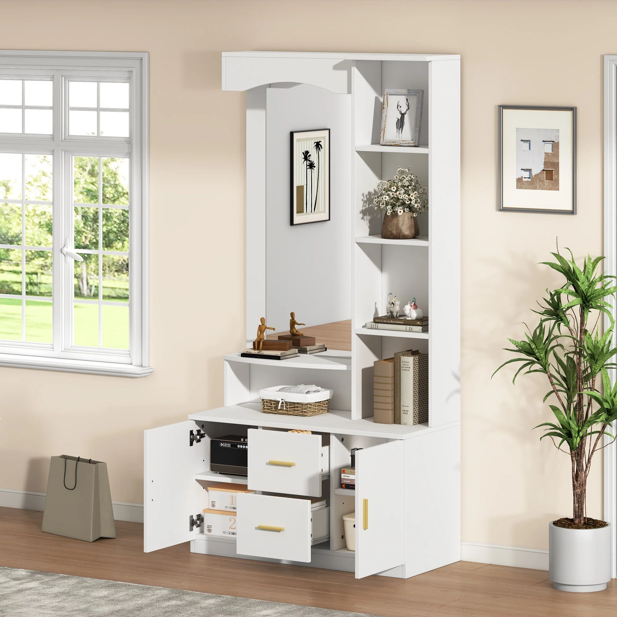 Hallway Unit 90x40x180cm Mirror Shoe Rack Drawers Storage - White - Image 4
