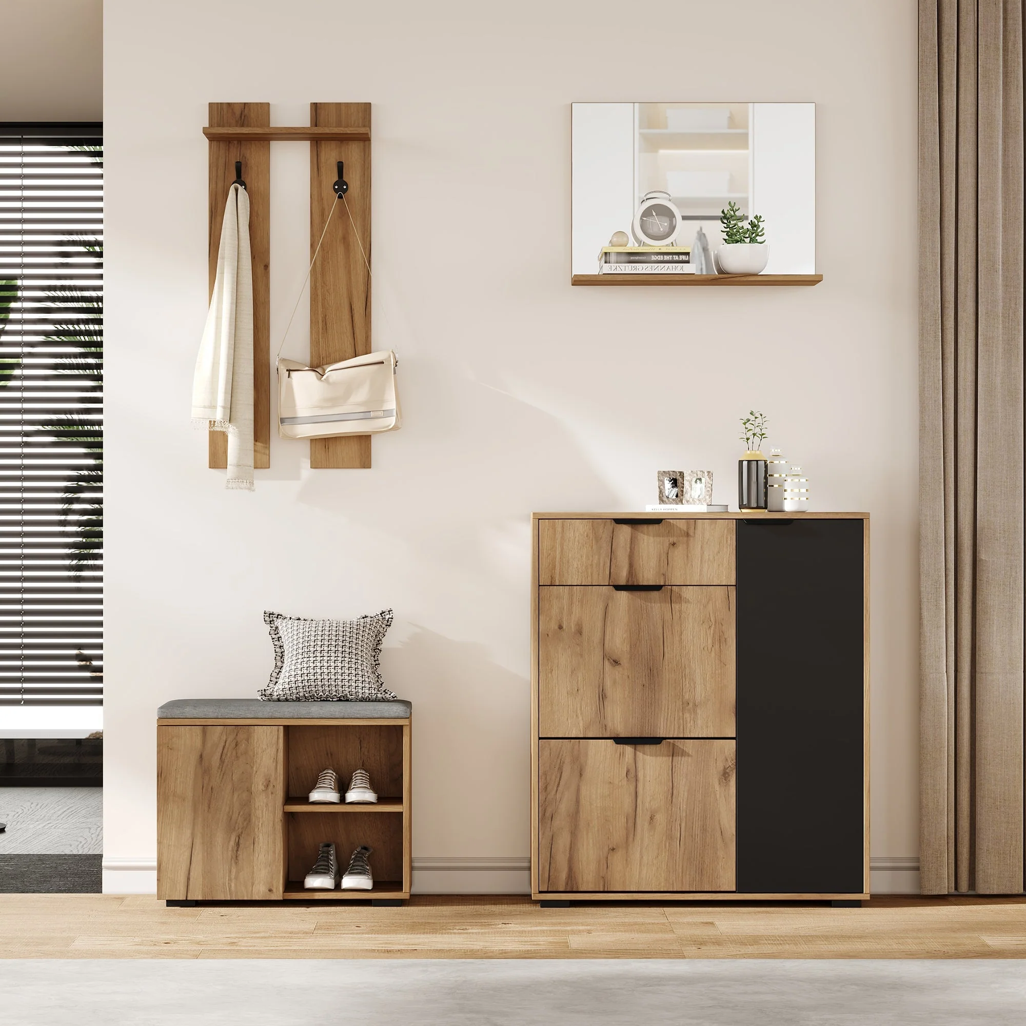 Hallway Wardrobe Set Wall-Mounted with Shoe Bench Shoe Cabinet Mirror Natural and Black - Image 3