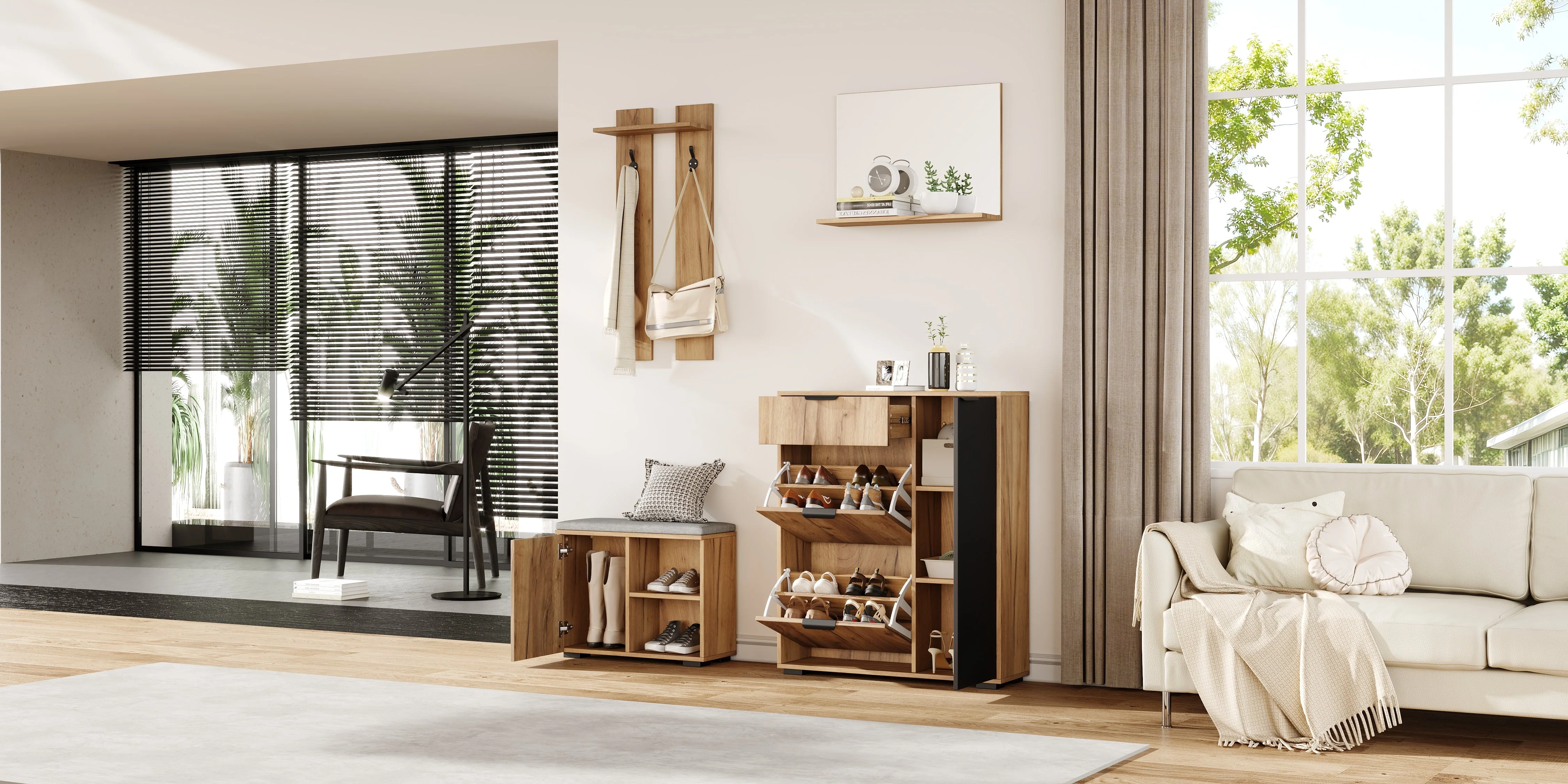 Hallway Wardrobe Set Wall-Mounted with Shoe Bench Shoe Cabinet Mirror Natural and Black - Image 6