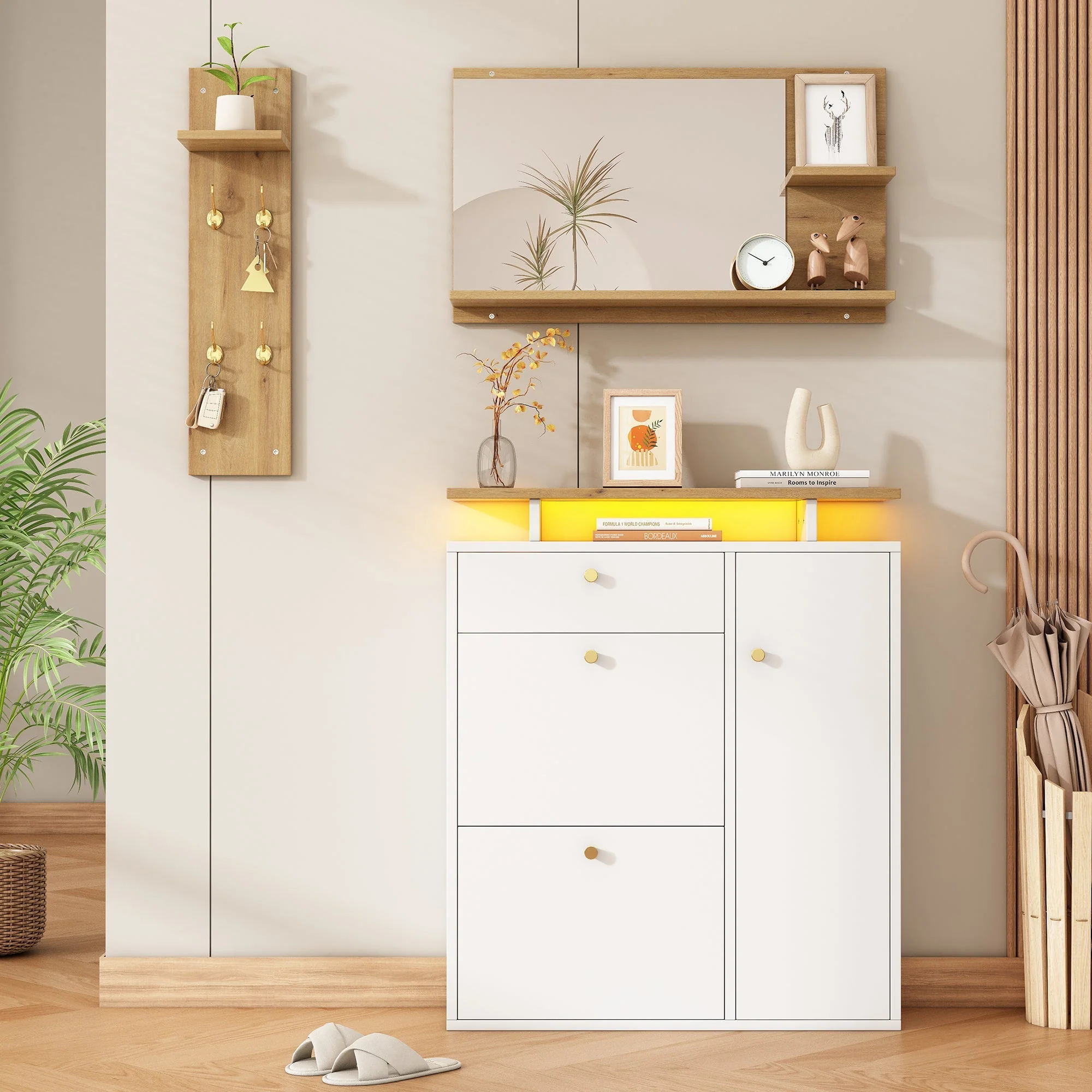 Hallway Wardrobe Set with LED Mirror, Hat Shelf and Shoe Cabinet, Natural and White - Image 2