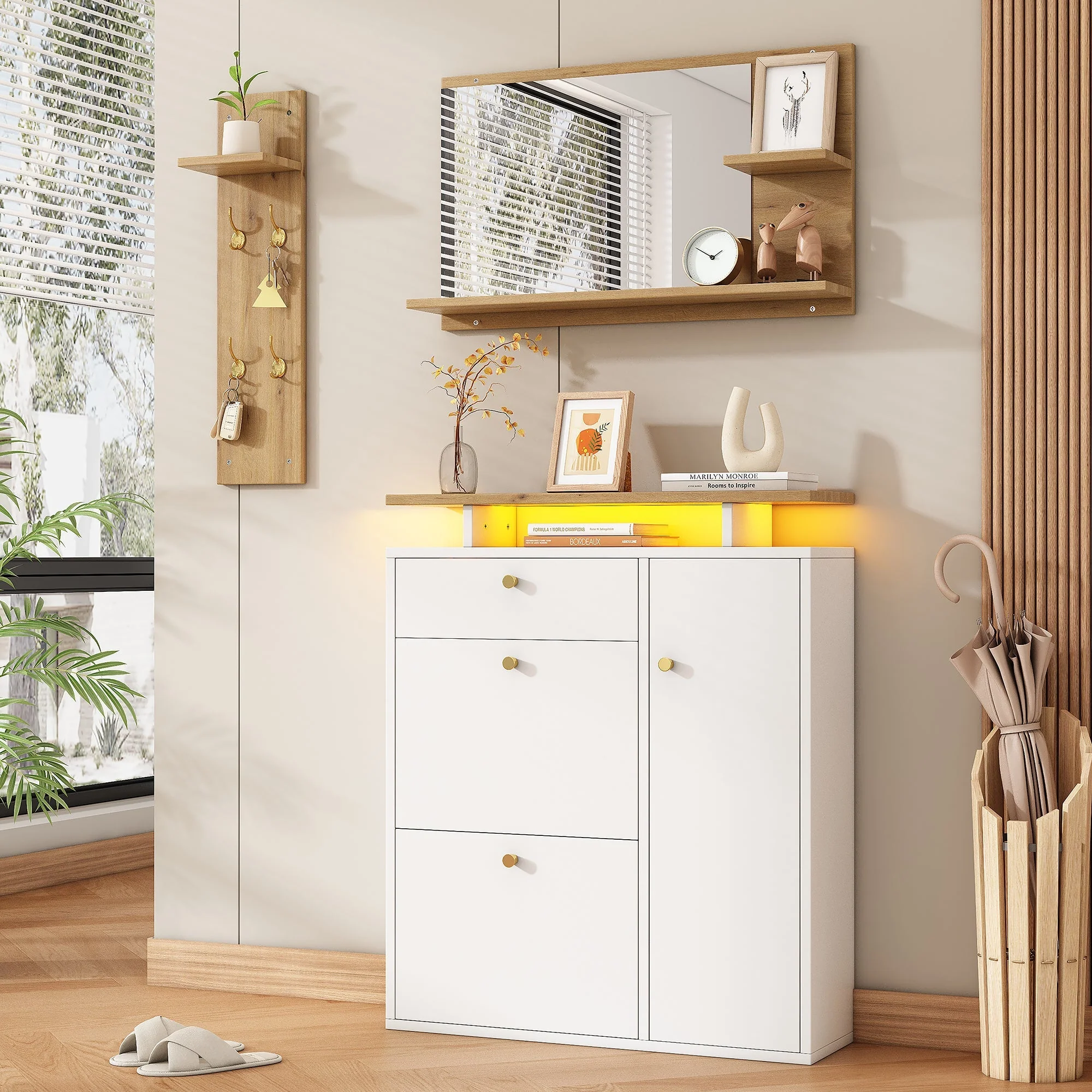 Hallway Wardrobe Set with LED Mirror, Hat Shelf and Shoe Cabinet, Natural and White - Image 3