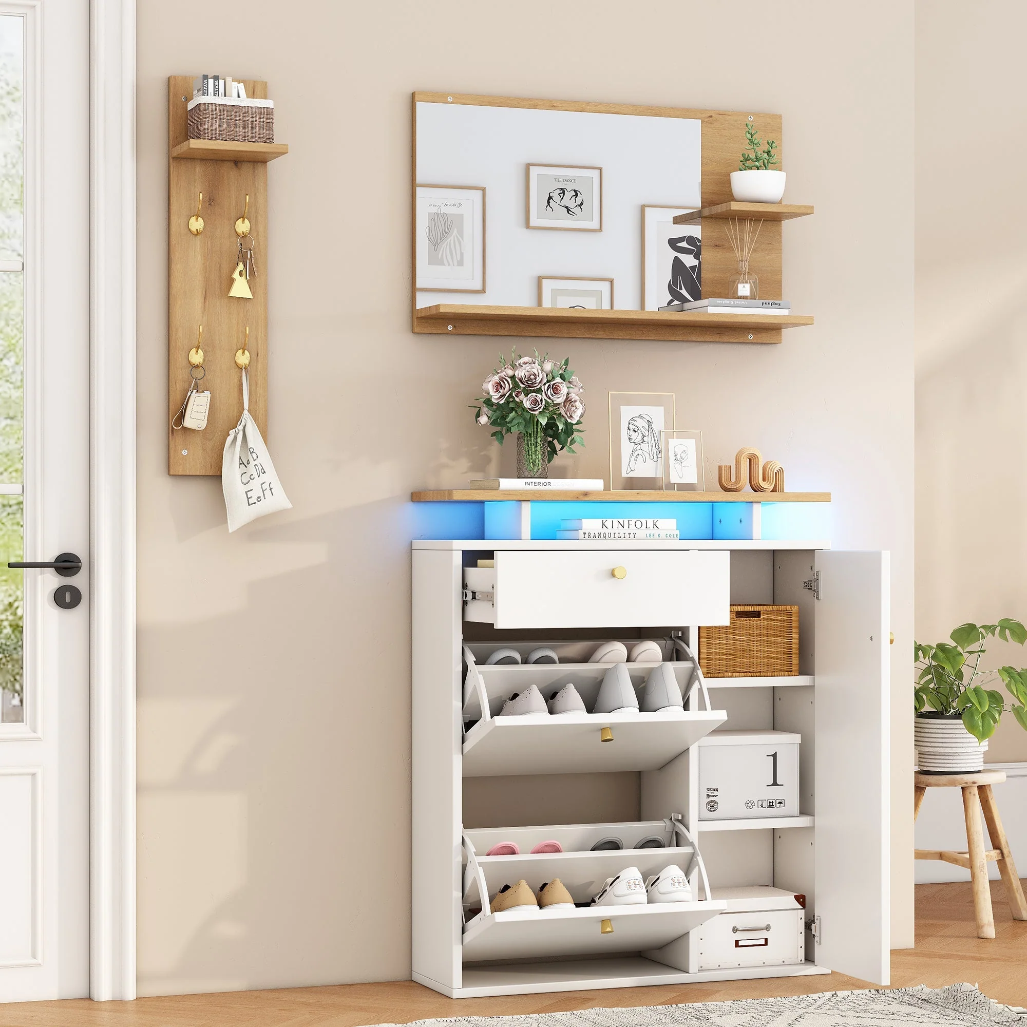Hallway Wardrobe Set with LED Mirror, Hat Shelf and Shoe Cabinet, Natural and White - Image 6