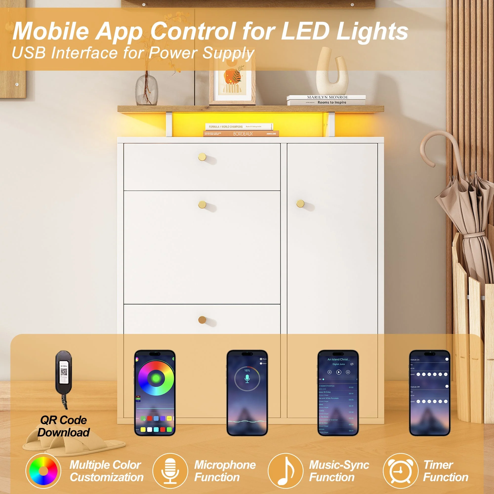 Hallway Wardrobe Set with LED Mirror, Hat Shelf and Shoe Cabinet, Natural and White - Image 7
