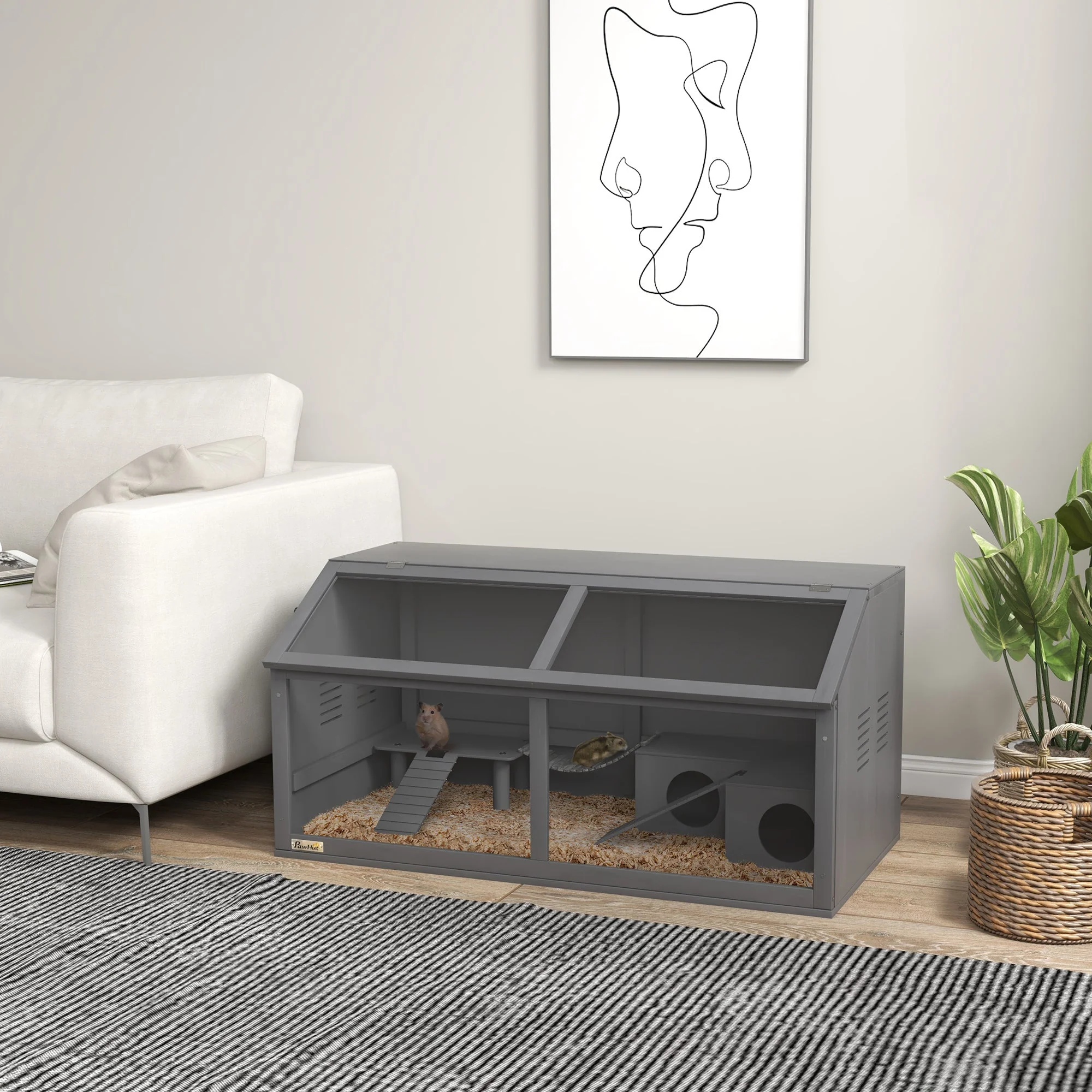Hamster Cage, 100cm Rodent House with Playhouse & Ladders, Wooden Dark Grey