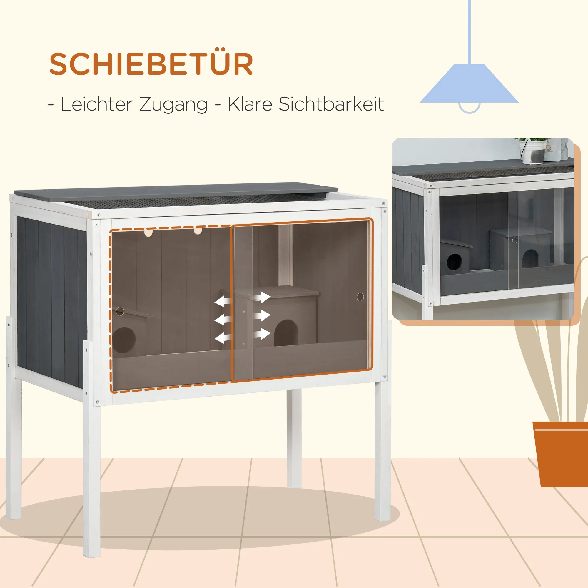 Hamster Cage, 2 Huts, 82 x 45 x 81 cm, Grey Wood - Image 5