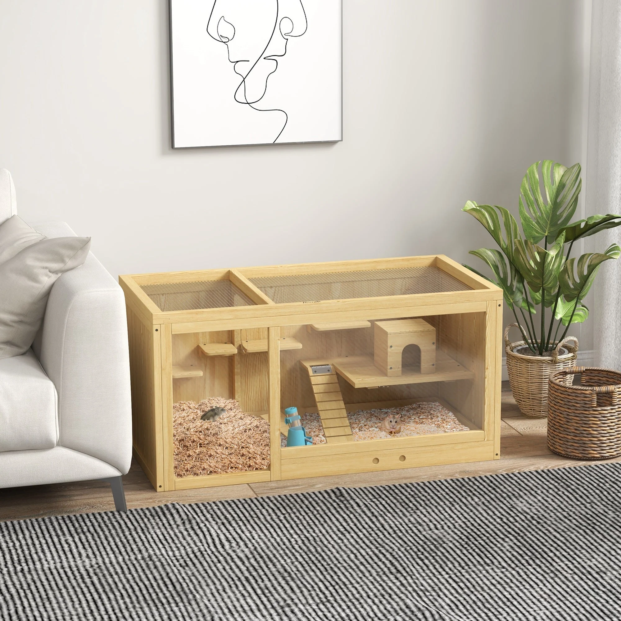 Hamster Cage, Playhouse Gerbils Swings Ladders Opening Roof, Natural Wood