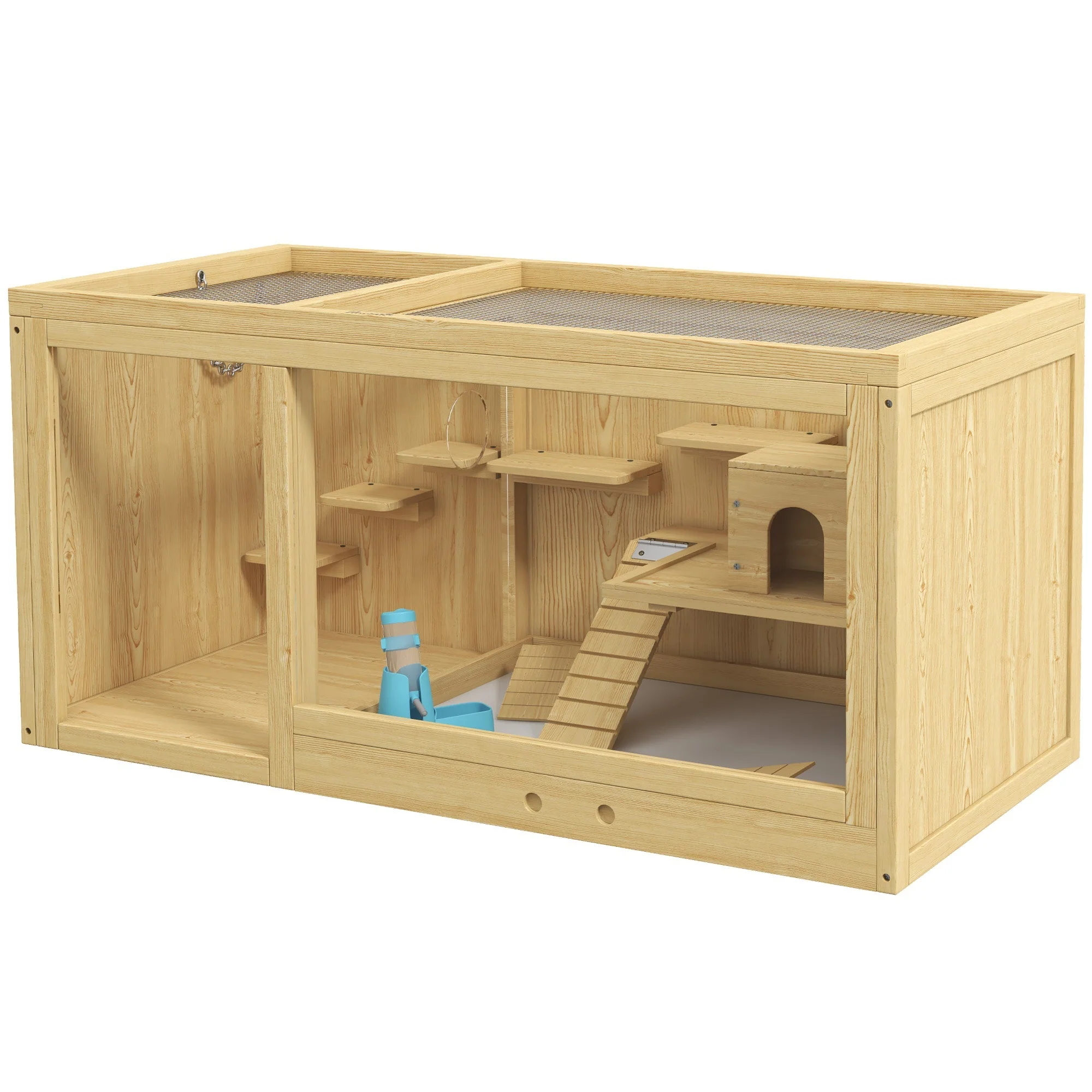 Hamster Cage, Playhouse Gerbils Swings Ladders Opening Roof, Natural Wood - Image 2