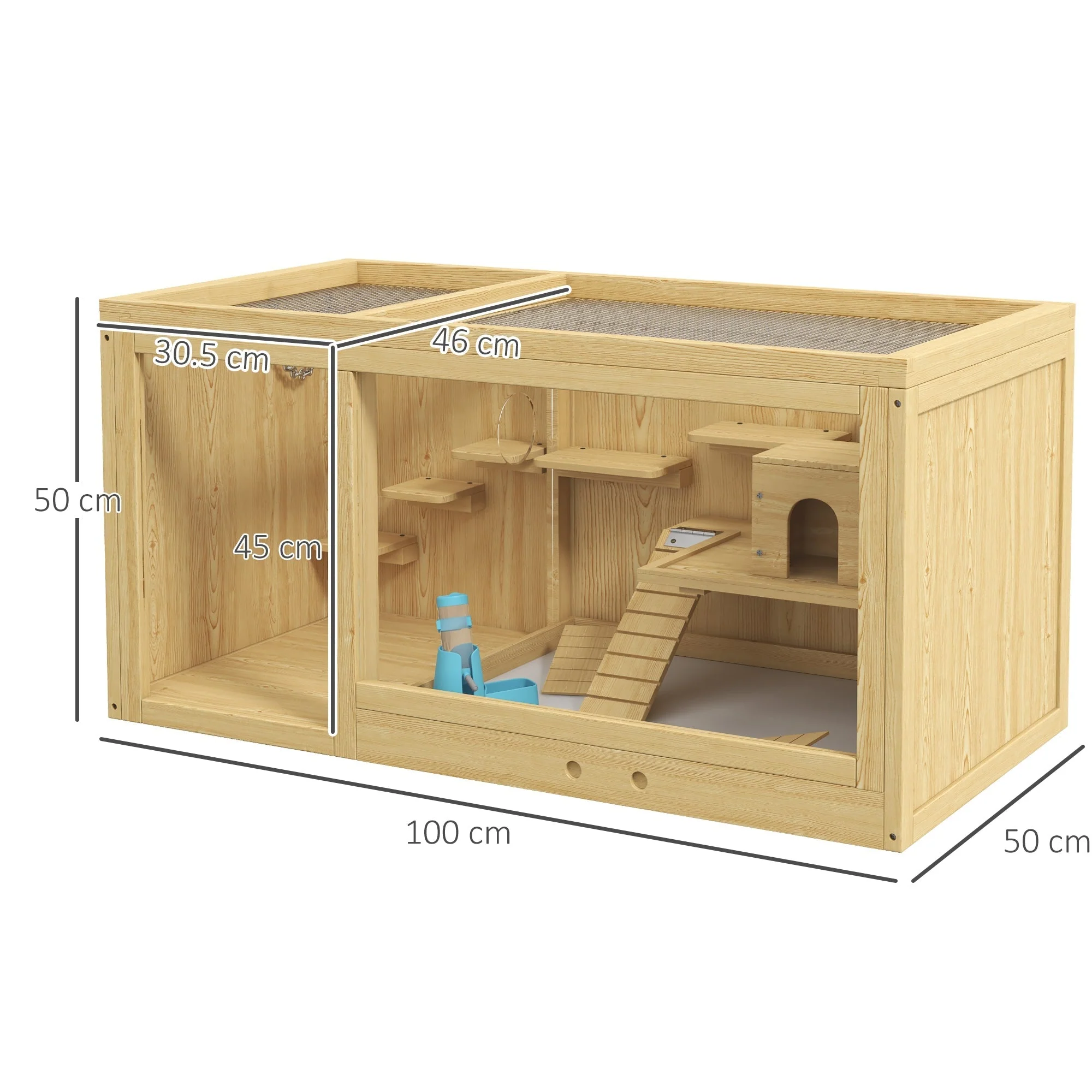 Hamster Cage, Playhouse Gerbils Swings Ladders Opening Roof, Natural Wood - Image 3